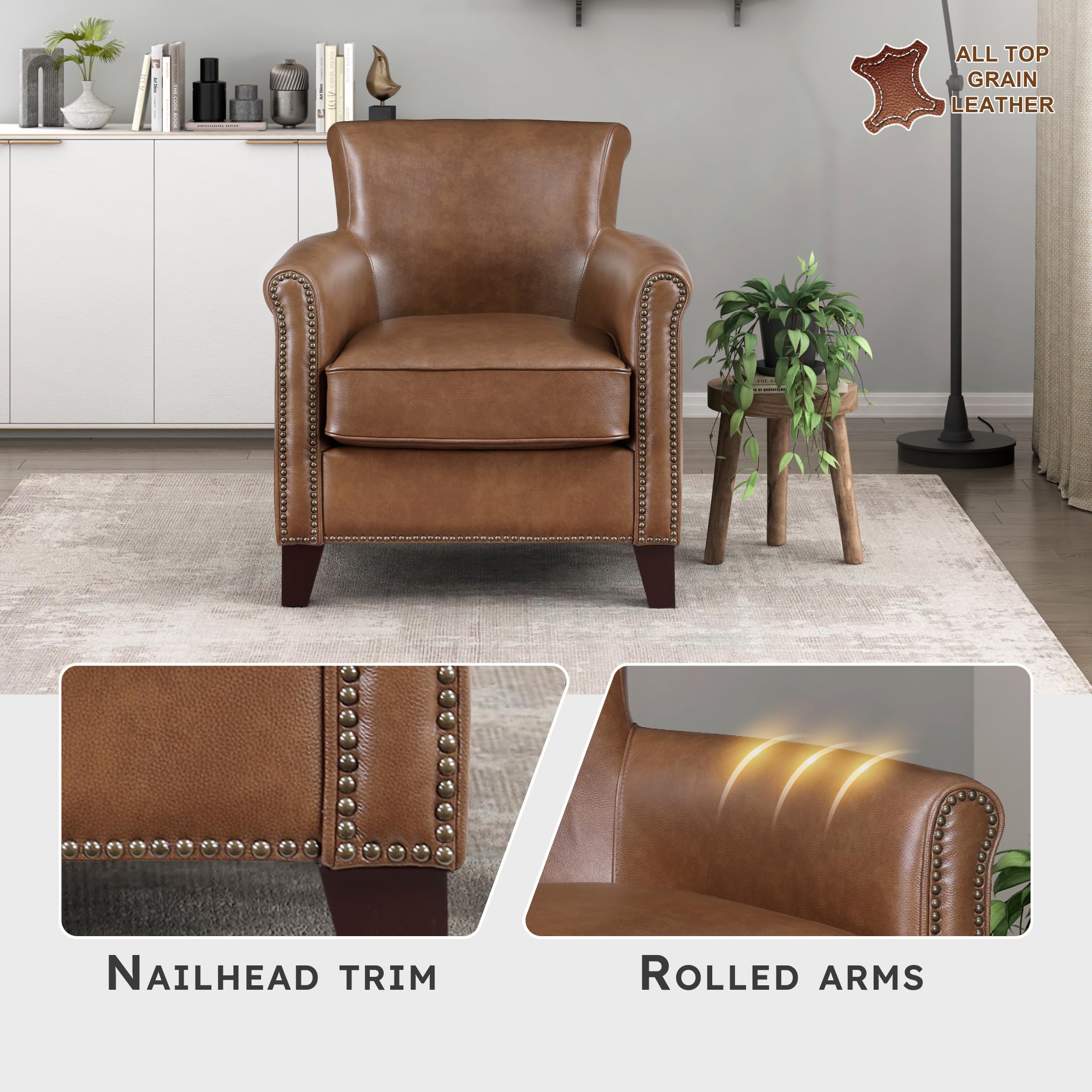 Lexicon 100% Top Grain Genuine Leather Chair, Leather Accent Chairs for Living Room, Solid Wood Frame, Rolled Armrest & Nailhead Trim, Comfy Reading for Bedroom, Office, Waiting Room, Brown - Image 3