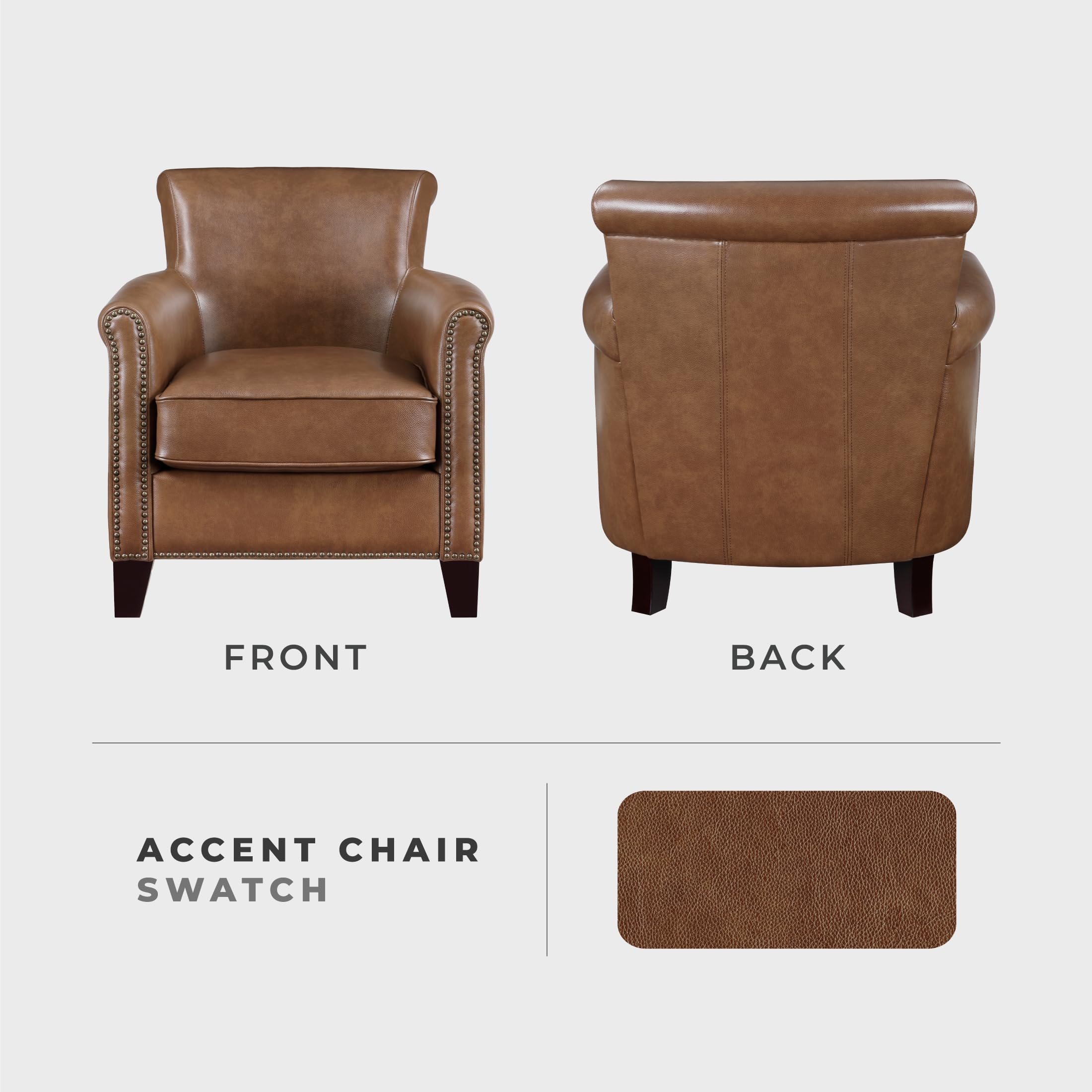 Lexicon 100% Top Grain Genuine Leather Chair, Leather Accent Chairs for Living Room, Solid Wood Frame, Rolled Armrest & Nailhead Trim, Comfy Reading for Bedroom, Office, Waiting Room, Brown - Image 4