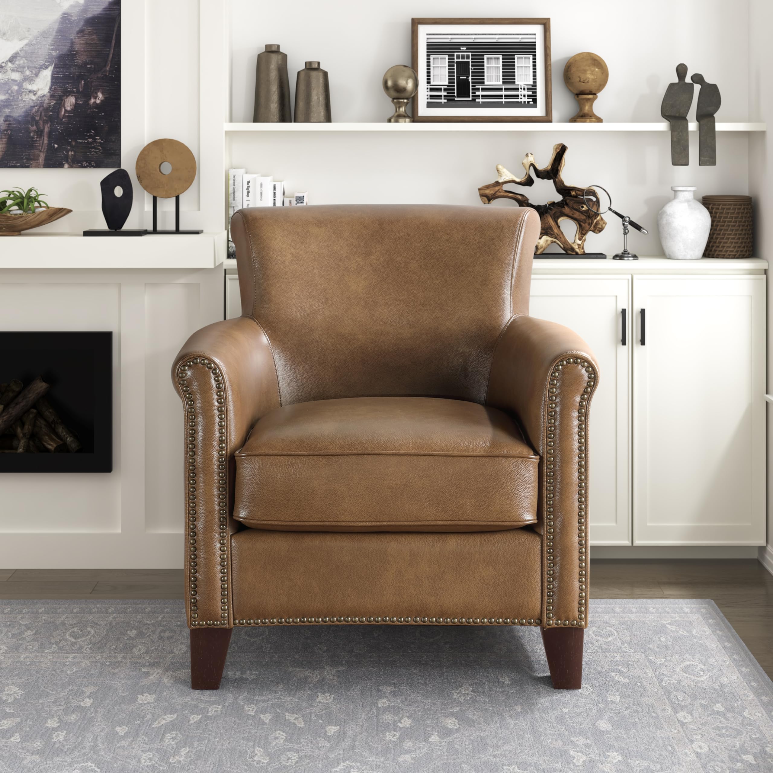 Lexicon 100% Top Grain Genuine Leather Chair, Leather Accent Chairs for Living Room, Solid Wood Frame, Rolled Armrest & Nailhead Trim, Comfy Reading for Bedroom, Office, Waiting Room, Brown - Image 6