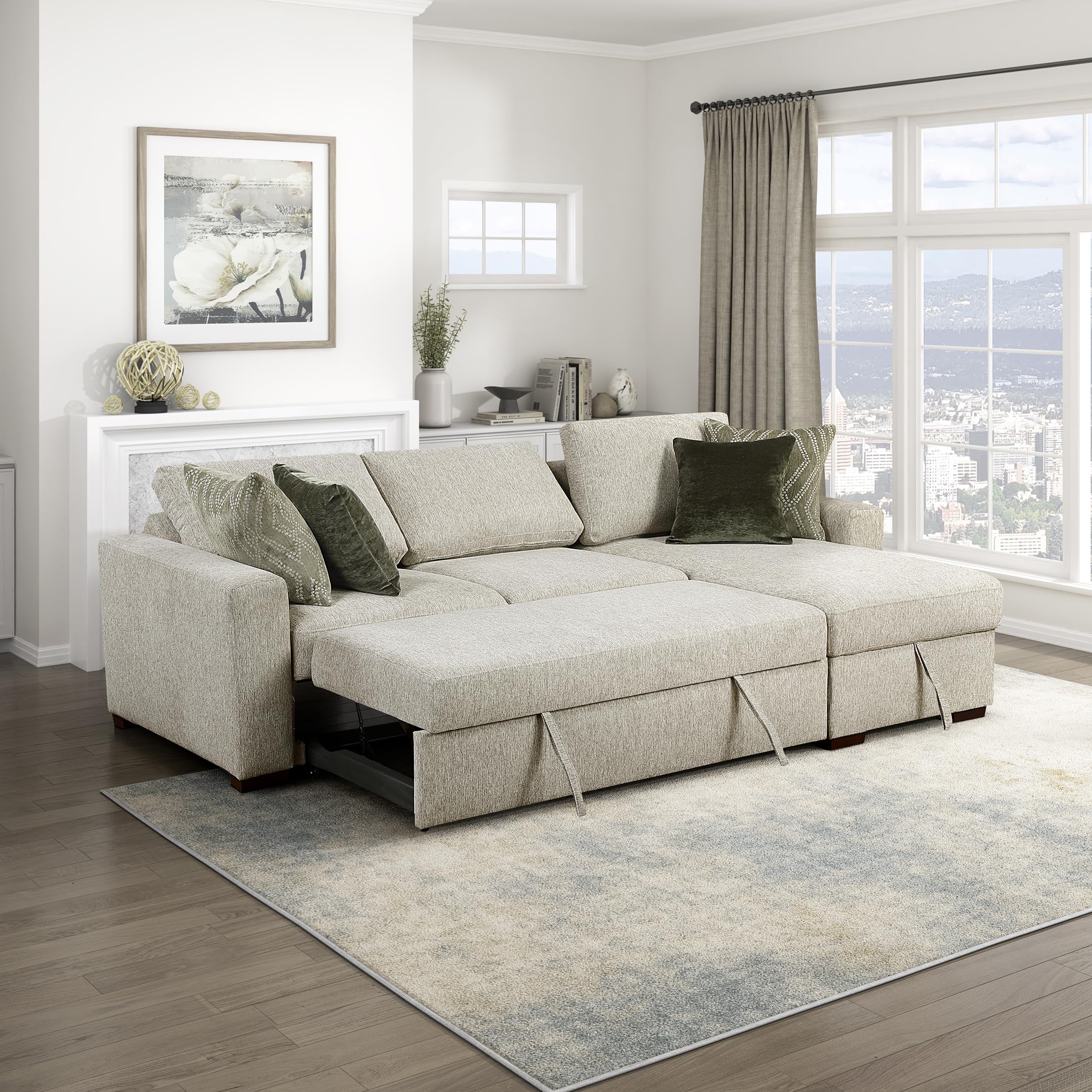 Lexicon 110.5 Inch Sectional Couches For Living Room-Modular Sectional Sofa with Pull Out Bed, 4 Pillows, Convertible Reversible Storage Chaise, Adjustable Backrests, L Shaped 3 Seater,Microfiber Sand - Image 10