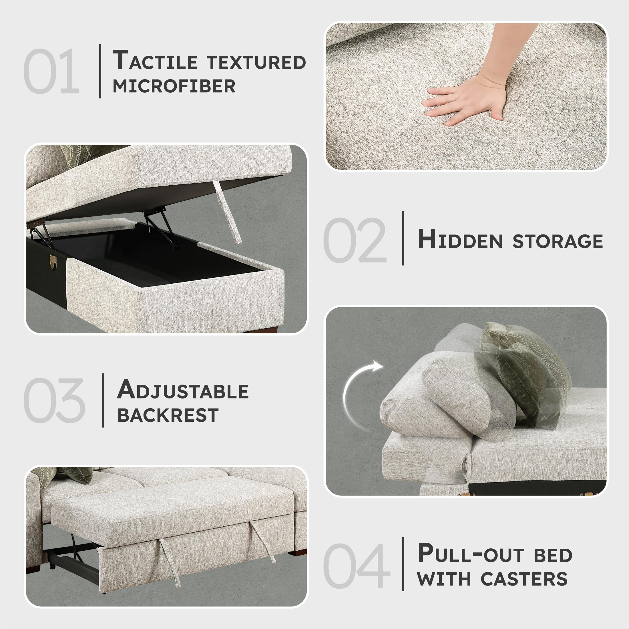 Lexicon 110.5 Inch Sectional Couches For Living Room-Modular Sectional Sofa with Pull Out Bed, 4 Pillows, Convertible Reversible Storage Chaise, Adjustable Backrests, L Shaped 3 Seater,Microfiber Sand - Image 3