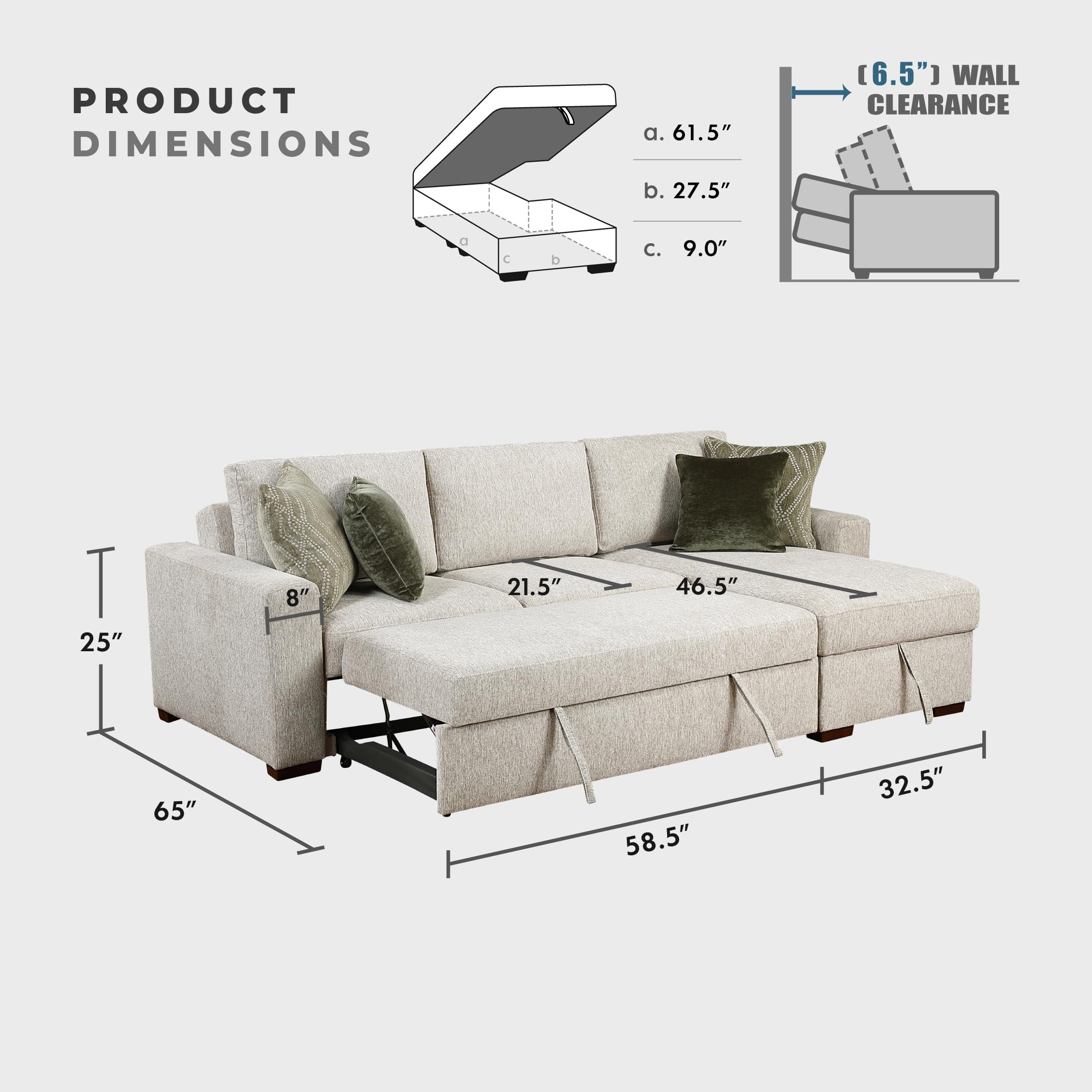 Lexicon 110.5 Inch Sectional Couches For Living Room-Modular Sectional Sofa with Pull Out Bed, 4 Pillows, Convertible Reversible Storage Chaise, Adjustable Backrests, L Shaped 3 Seater,Microfiber Sand - Image 4