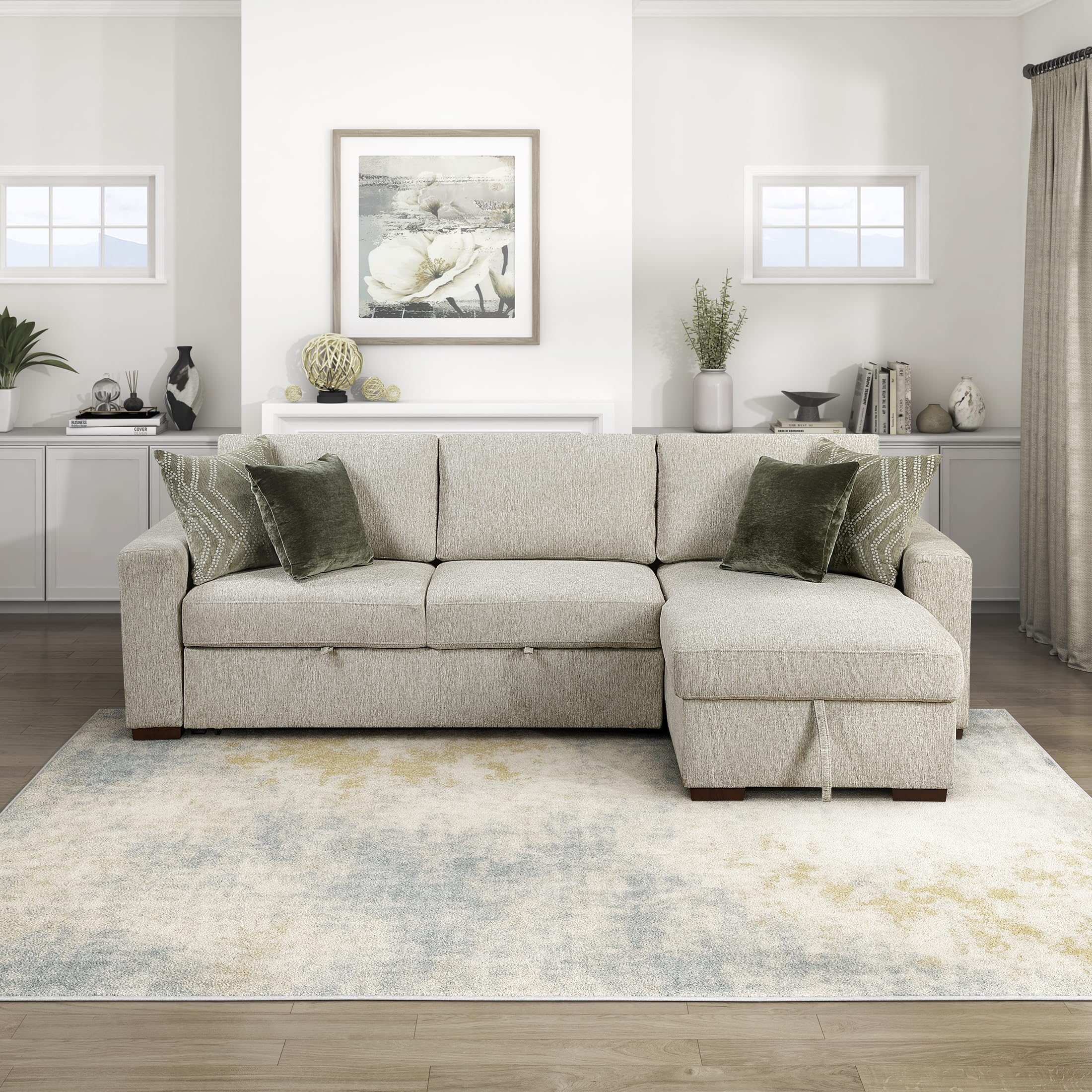 Lexicon 110.5 Inch Sectional Couches For Living Room-Modular Sectional Sofa with Pull Out Bed, 4 Pillows, Convertible Reversible Storage Chaise, Adjustable Backrests, L Shaped 3 Seater,Microfiber Sand - Image 8