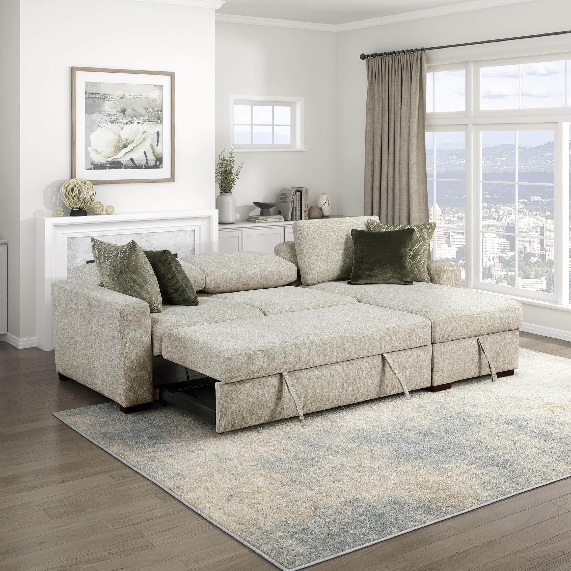 Lexicon 110.5 Inch Sectional Couches For Living Room-Modular Sectional Sofa with Pull Out Bed, 4 Pillows, Convertible Reversible Storage Chaise, Adjustable Backrests, L Shaped 3 Seater,Microfiber Sand - Image 9