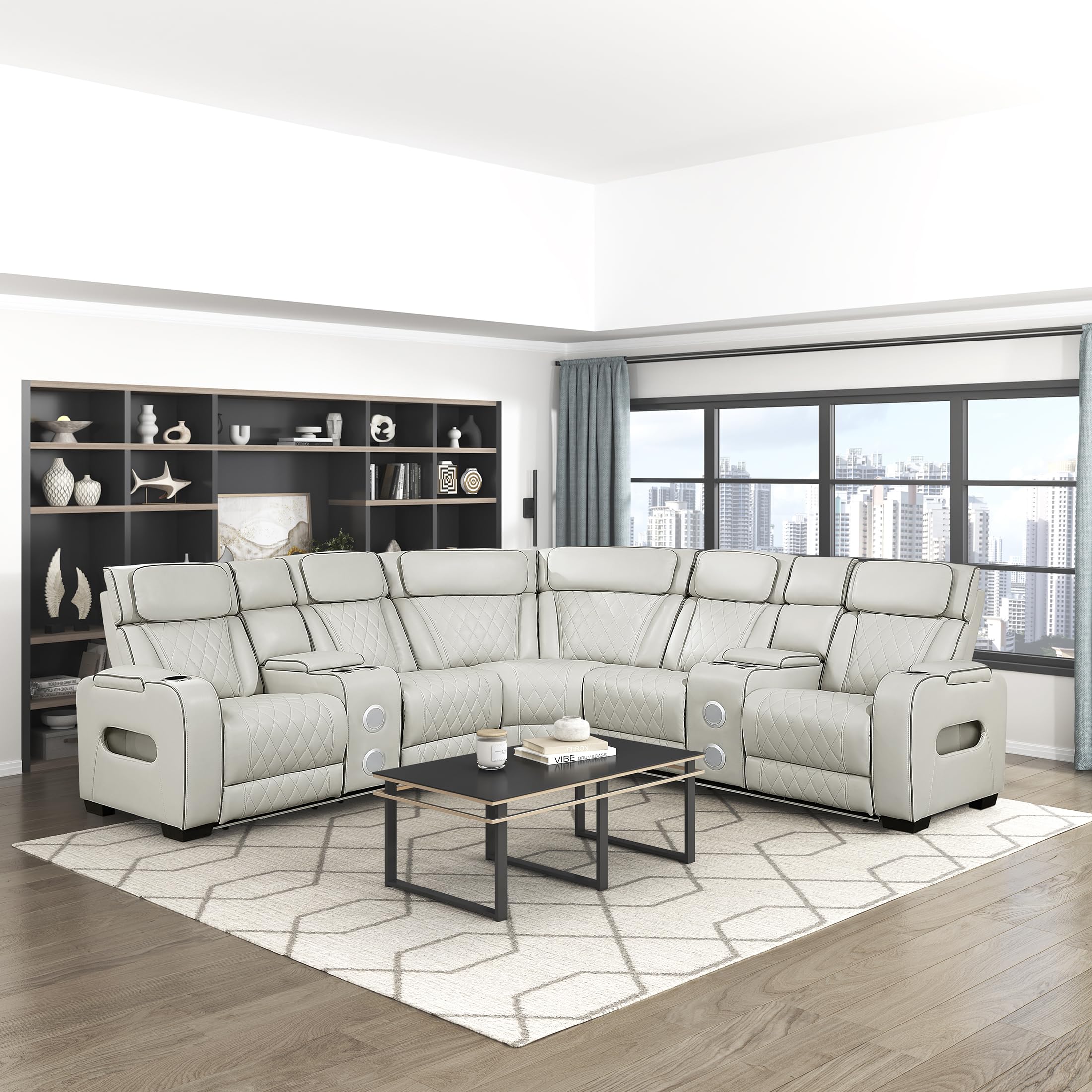 Lexicon 118" Power Reclining Sectional Sofa, Wall Hugger, 2 Recliner Seats, 2 Storage Arms, 2 Console Cup Holders, Power Headrests, Charging Ports, Wireless Speakers, LED Lighting, Faux Leather Taupe - Image 10