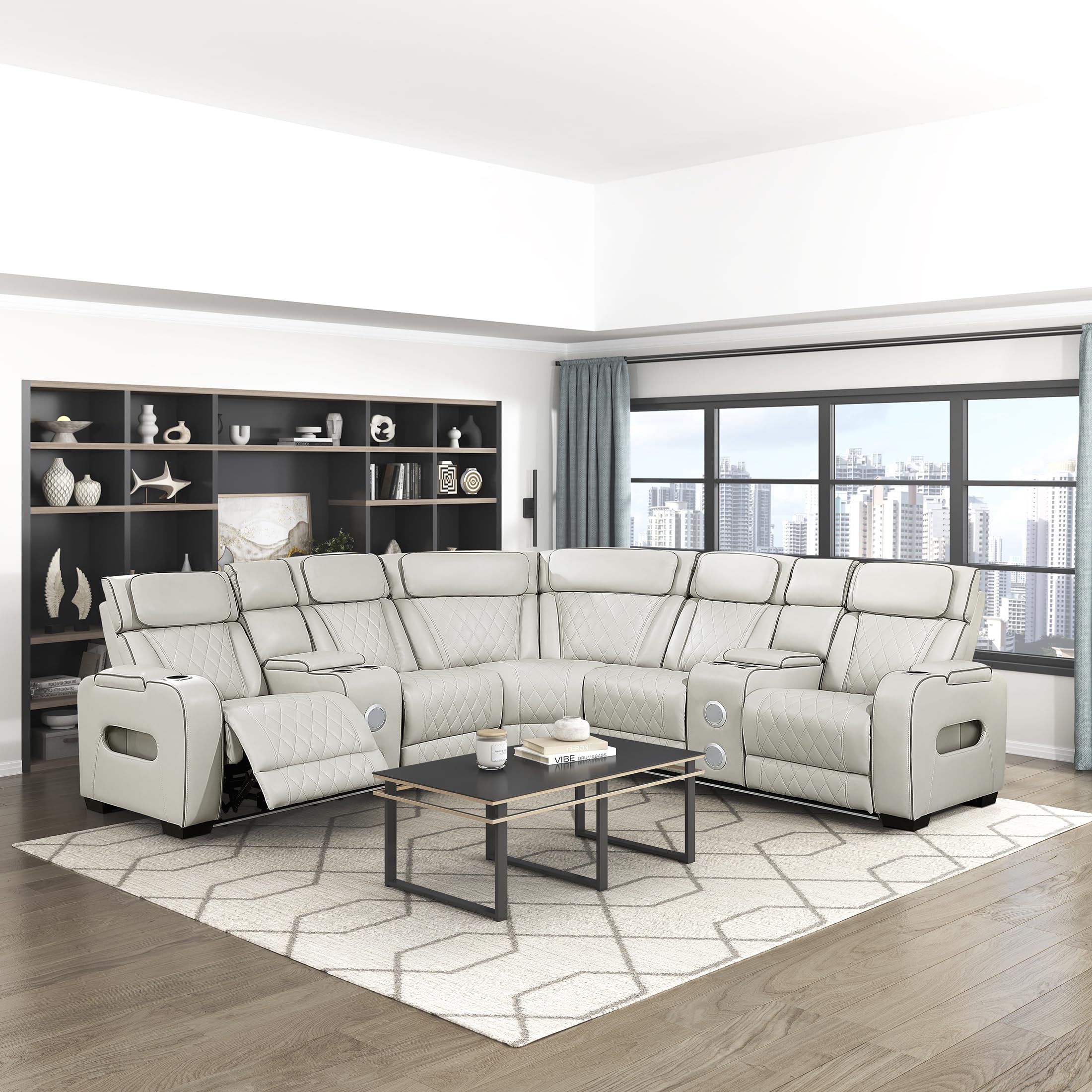 Lexicon 118" Power Reclining Sectional Sofa, Wall Hugger, 2 Recliner Seats, 2 Storage Arms, 2 Console Cup Holders, Power Headrests, Charging Ports, Wireless Speakers, LED Lighting, Faux Leather Taupe - Image 11