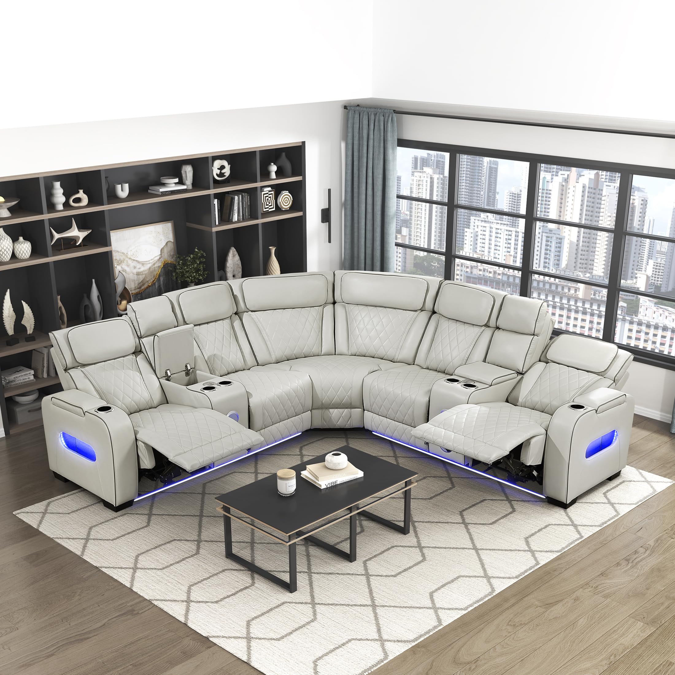 Lexicon 118" Power Reclining Sectional Sofa, Wall Hugger, 2 Recliner Seats, 2 Storage Arms, 2 Console Cup Holders, Power Headrests, Charging Ports, Wireless Speakers, LED Lighting, Faux Leather Taupe - Image 12