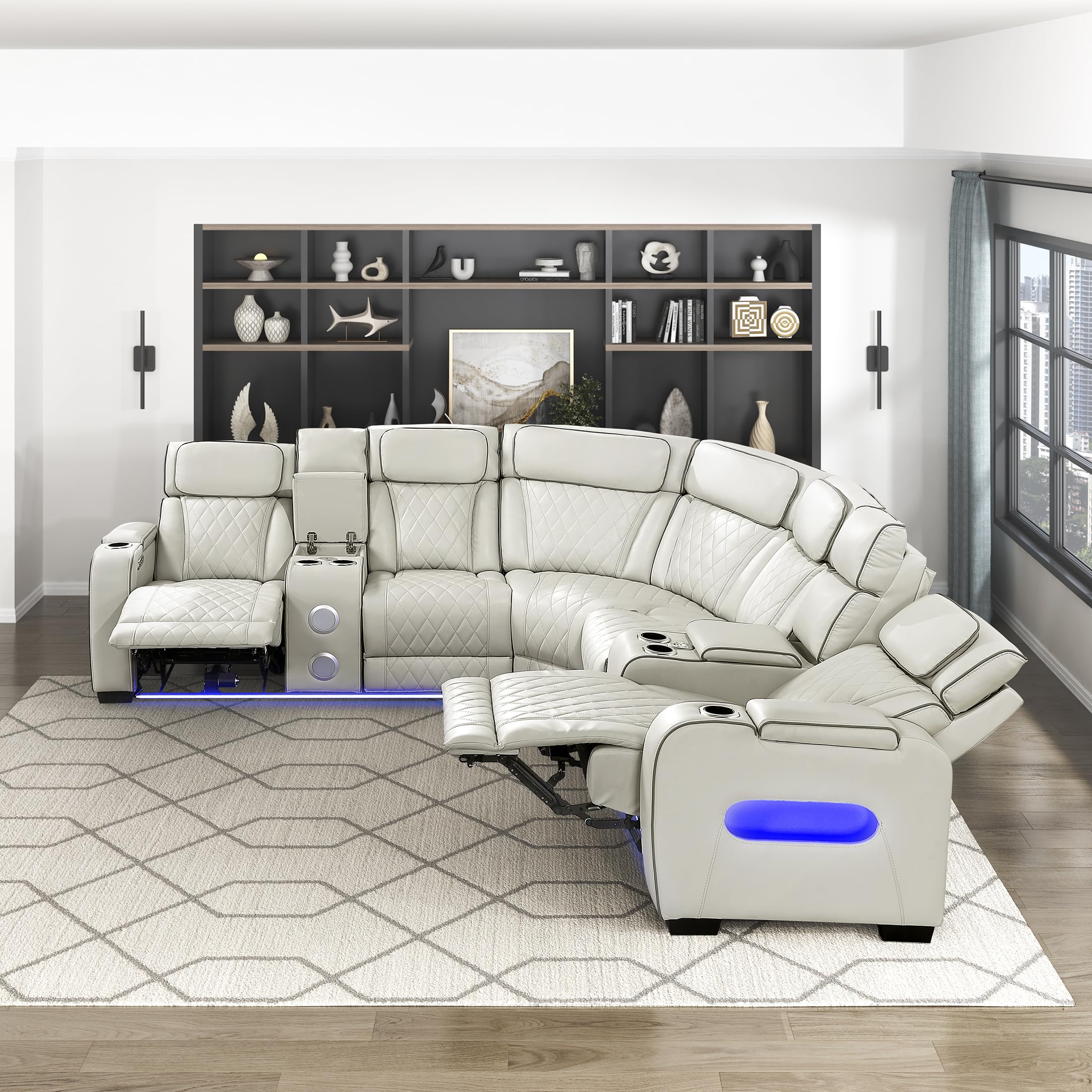 Lexicon 118" Power Reclining Sectional Sofa, Wall Hugger, 2 Recliner Seats, 2 Storage Arms, 2 Console Cup Holders, Power Headrests, Charging Ports, Wireless Speakers, LED Lighting, Faux Leather Taupe - Image 13