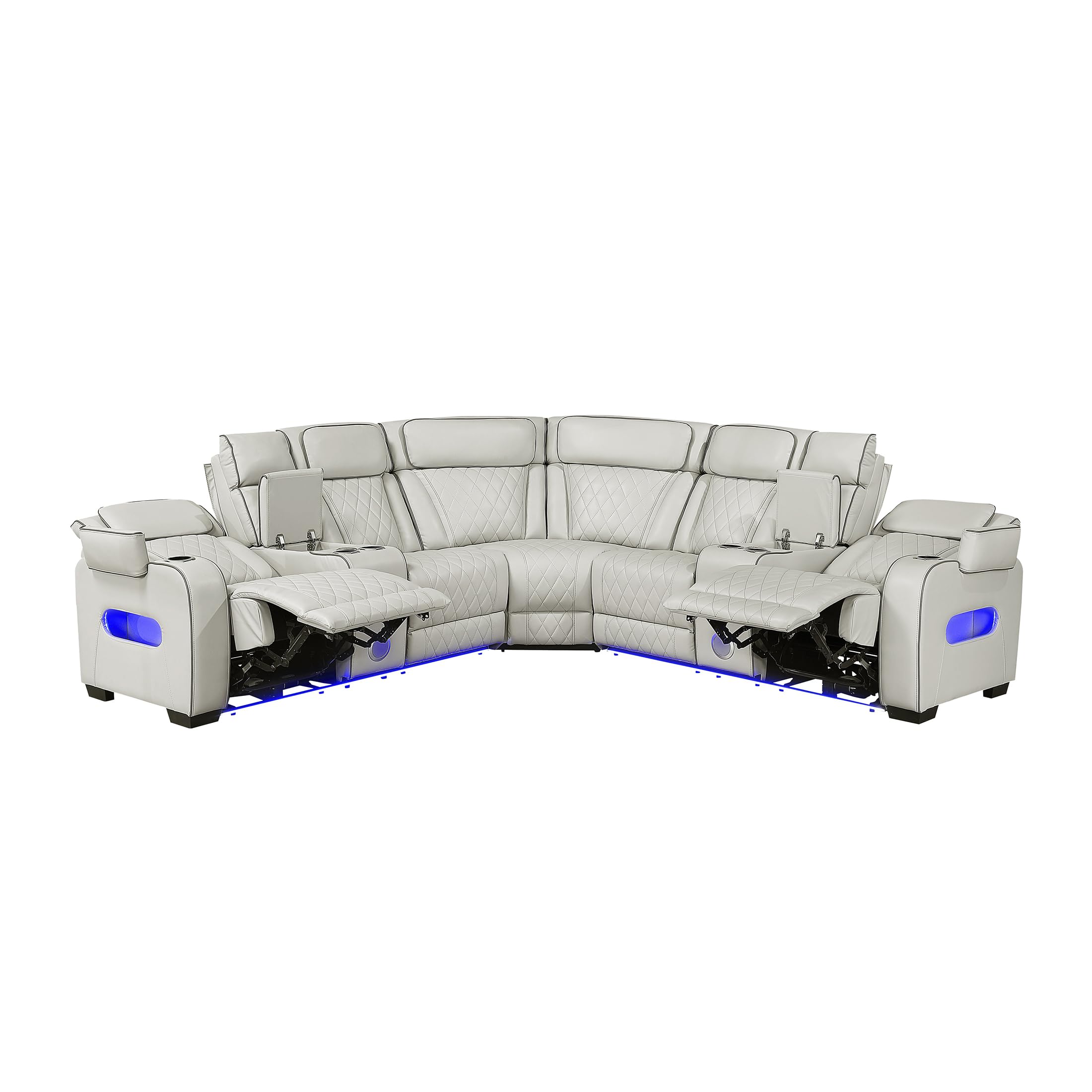 Lexicon 118" Power Reclining Sectional Sofa, Wall Hugger, 2 Recliner Seats, 2 Storage Arms, 2 Console Cup Holders, Power Headrests, Charging Ports, Wireless Speakers, LED Lighting, Faux Leather Taupe - Image 16