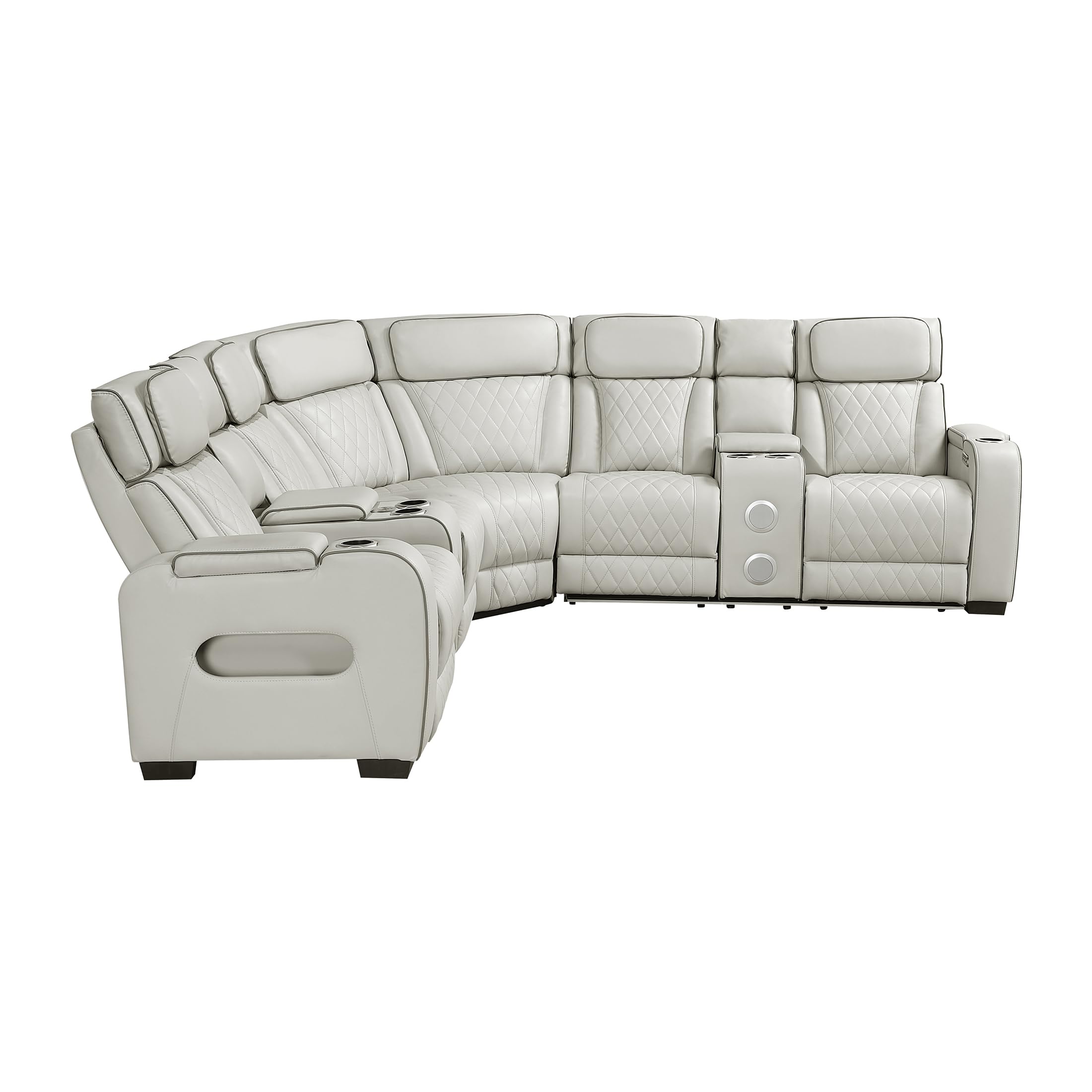 Lexicon 118" Power Reclining Sectional Sofa, Wall Hugger, 2 Recliner Seats, 2 Storage Arms, 2 Console Cup Holders, Power Headrests, Charging Ports, Wireless Speakers, LED Lighting, Faux Leather Taupe - Image 17