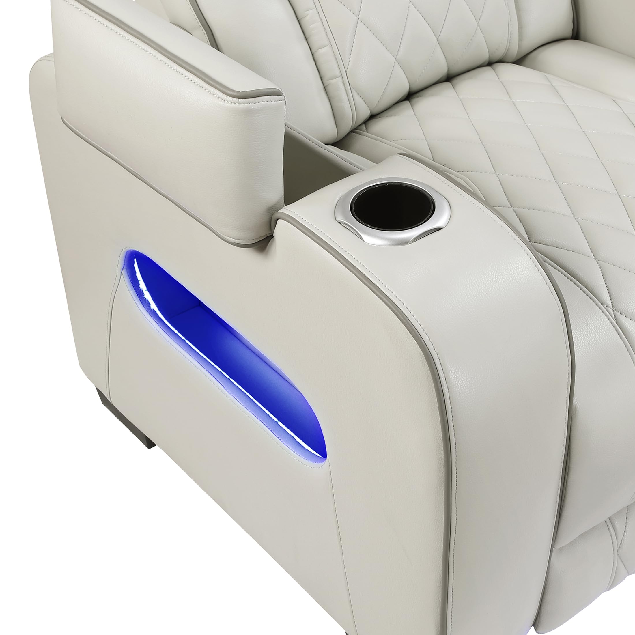 Lexicon 118" Power Reclining Sectional Sofa, Wall Hugger, 2 Recliner Seats, 2 Storage Arms, 2 Console Cup Holders, Power Headrests, Charging Ports, Wireless Speakers, LED Lighting, Faux Leather Taupe - Image 20