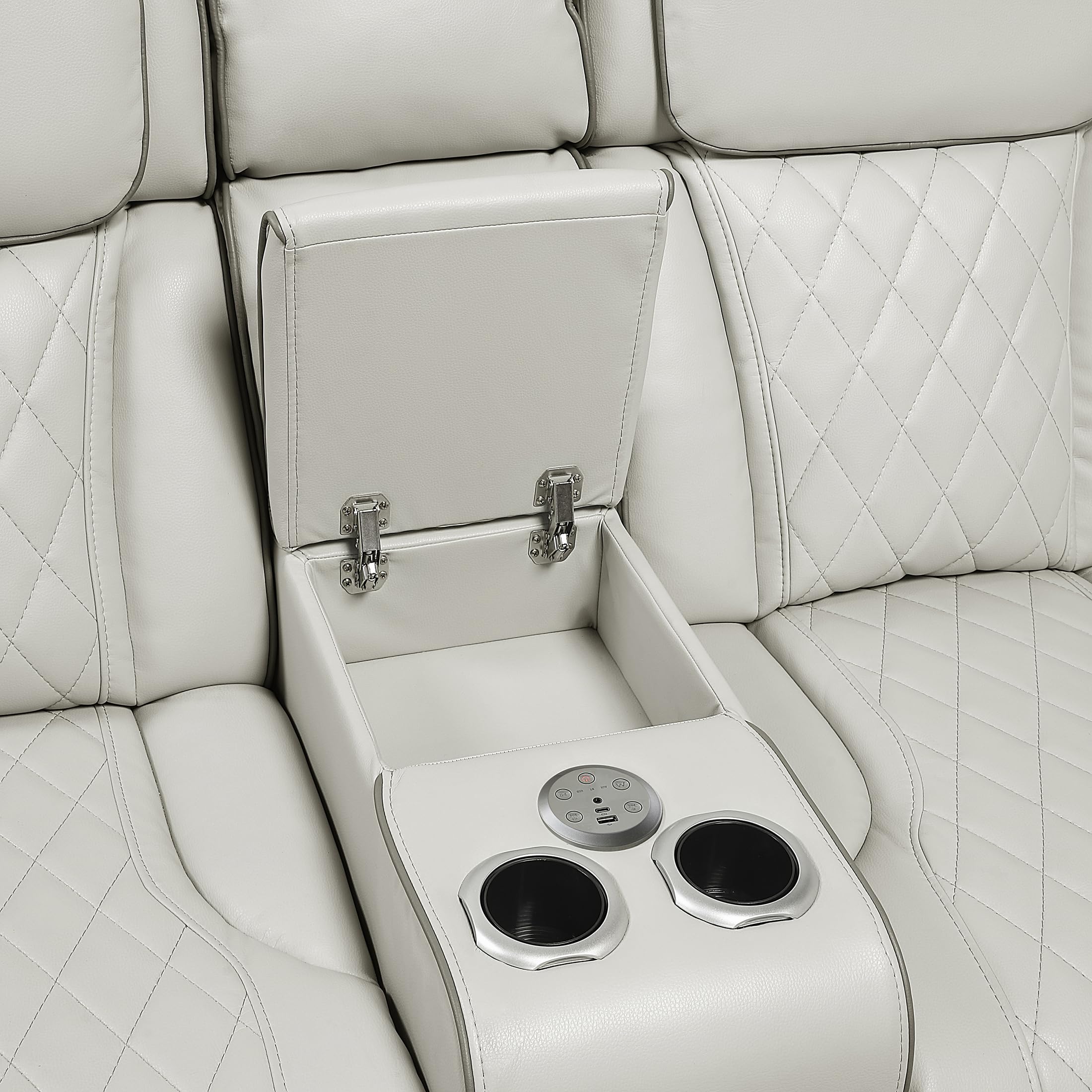 Lexicon 118" Power Reclining Sectional Sofa, Wall Hugger, 2 Recliner Seats, 2 Storage Arms, 2 Console Cup Holders, Power Headrests, Charging Ports, Wireless Speakers, LED Lighting, Faux Leather Taupe - Image 23