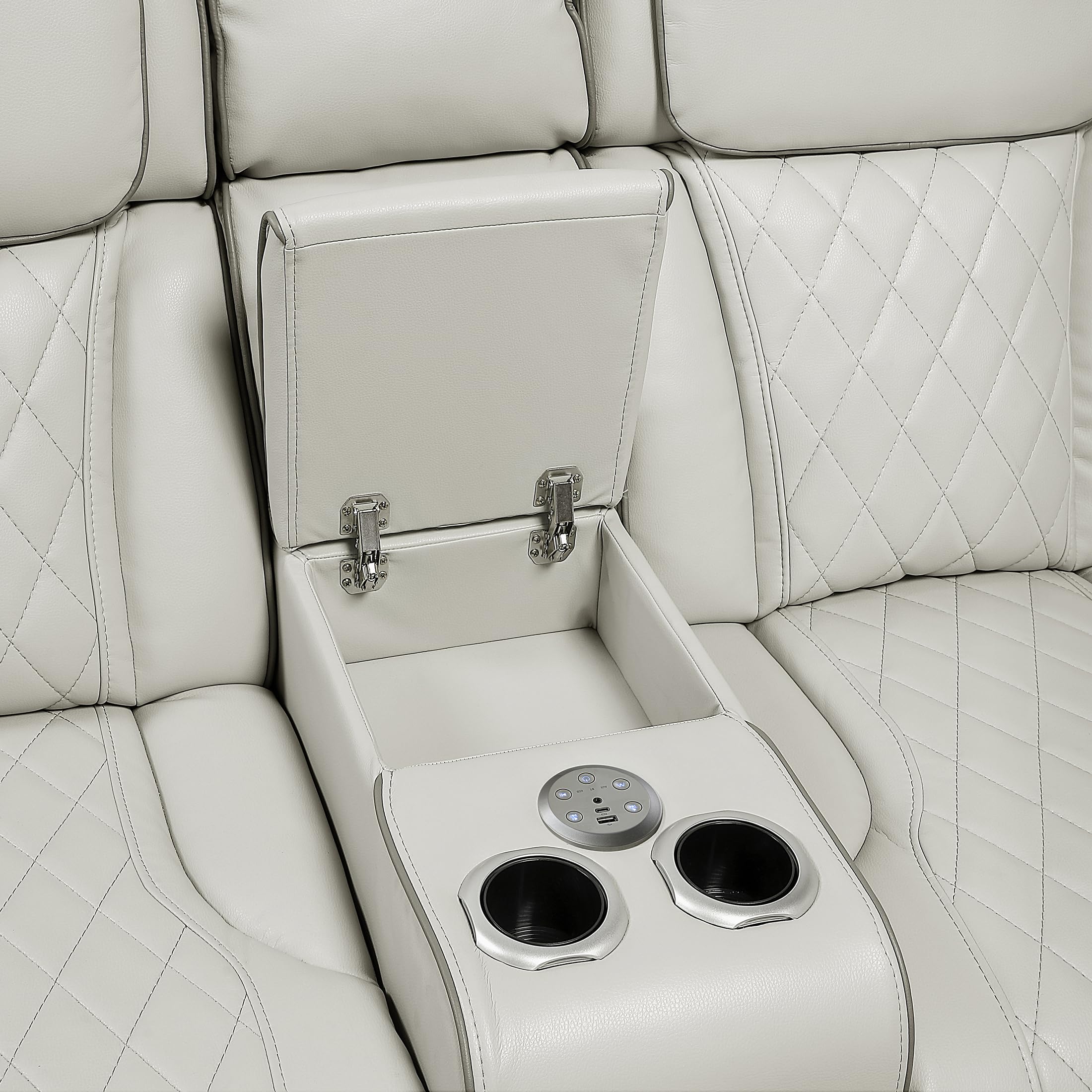 Lexicon 118" Power Reclining Sectional Sofa, Wall Hugger, 2 Recliner Seats, 2 Storage Arms, 2 Console Cup Holders, Power Headrests, Charging Ports, Wireless Speakers, LED Lighting, Faux Leather Taupe - Image 24