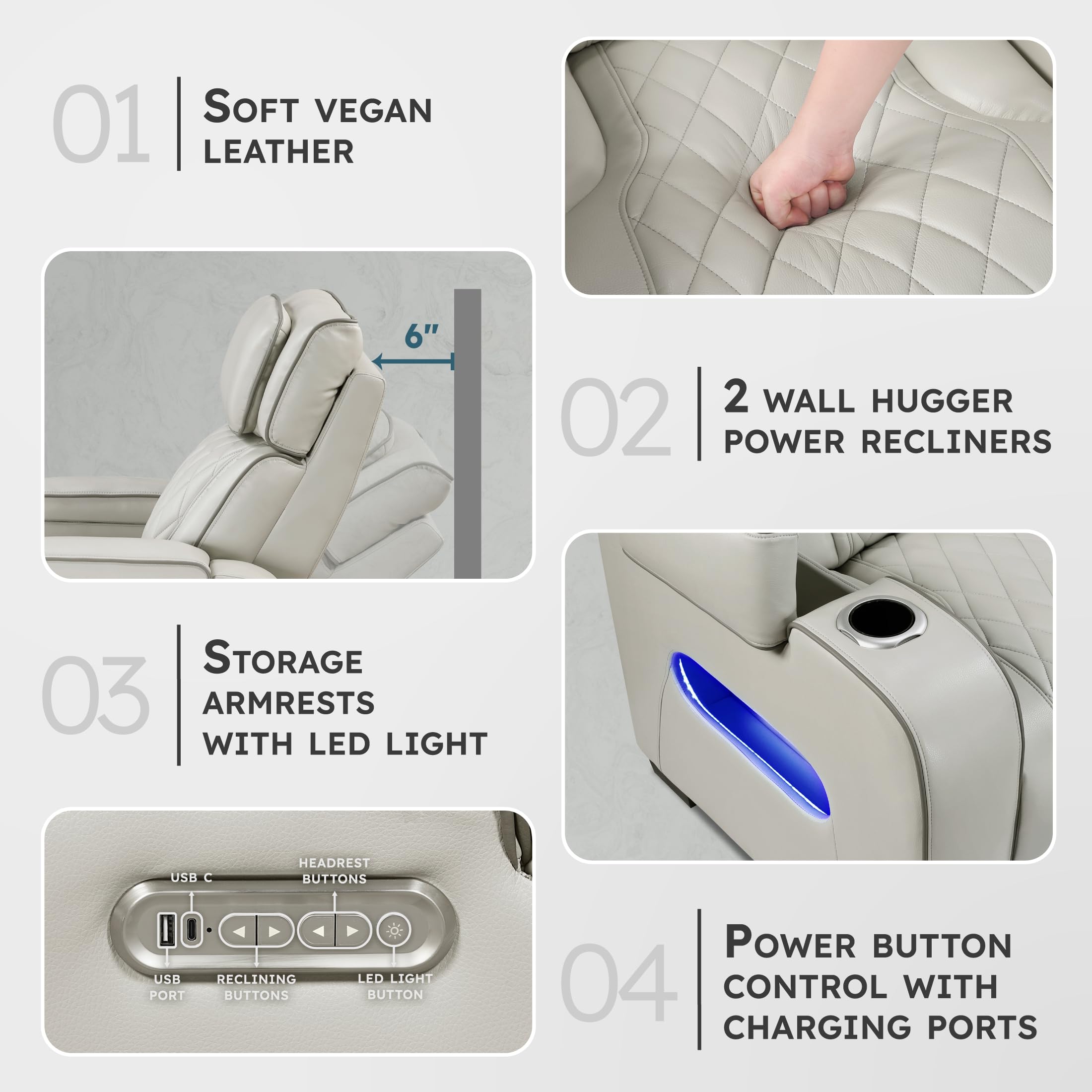 Lexicon 118" Power Reclining Sectional Sofa, Wall Hugger, 2 Recliner Seats, 2 Storage Arms, 2 Console Cup Holders, Power Headrests, Charging Ports, Wireless Speakers, LED Lighting, Faux Leather Taupe - Image 3