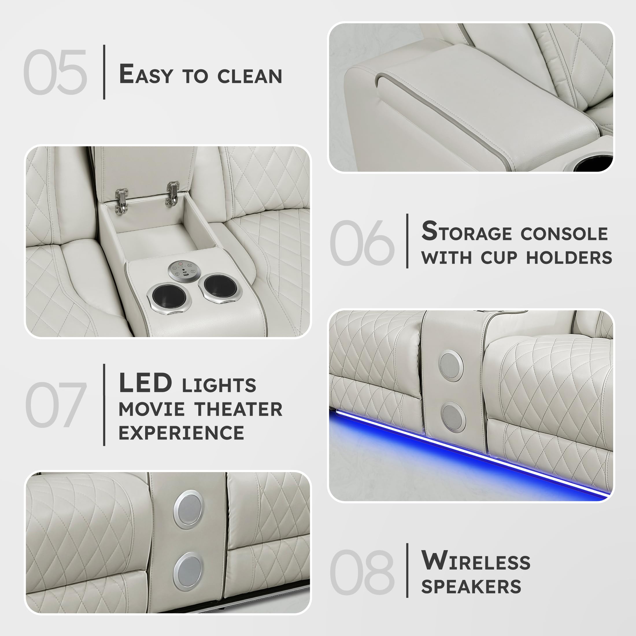 Lexicon 118" Power Reclining Sectional Sofa, Wall Hugger, 2 Recliner Seats, 2 Storage Arms, 2 Console Cup Holders, Power Headrests, Charging Ports, Wireless Speakers, LED Lighting, Faux Leather Taupe - Image 4