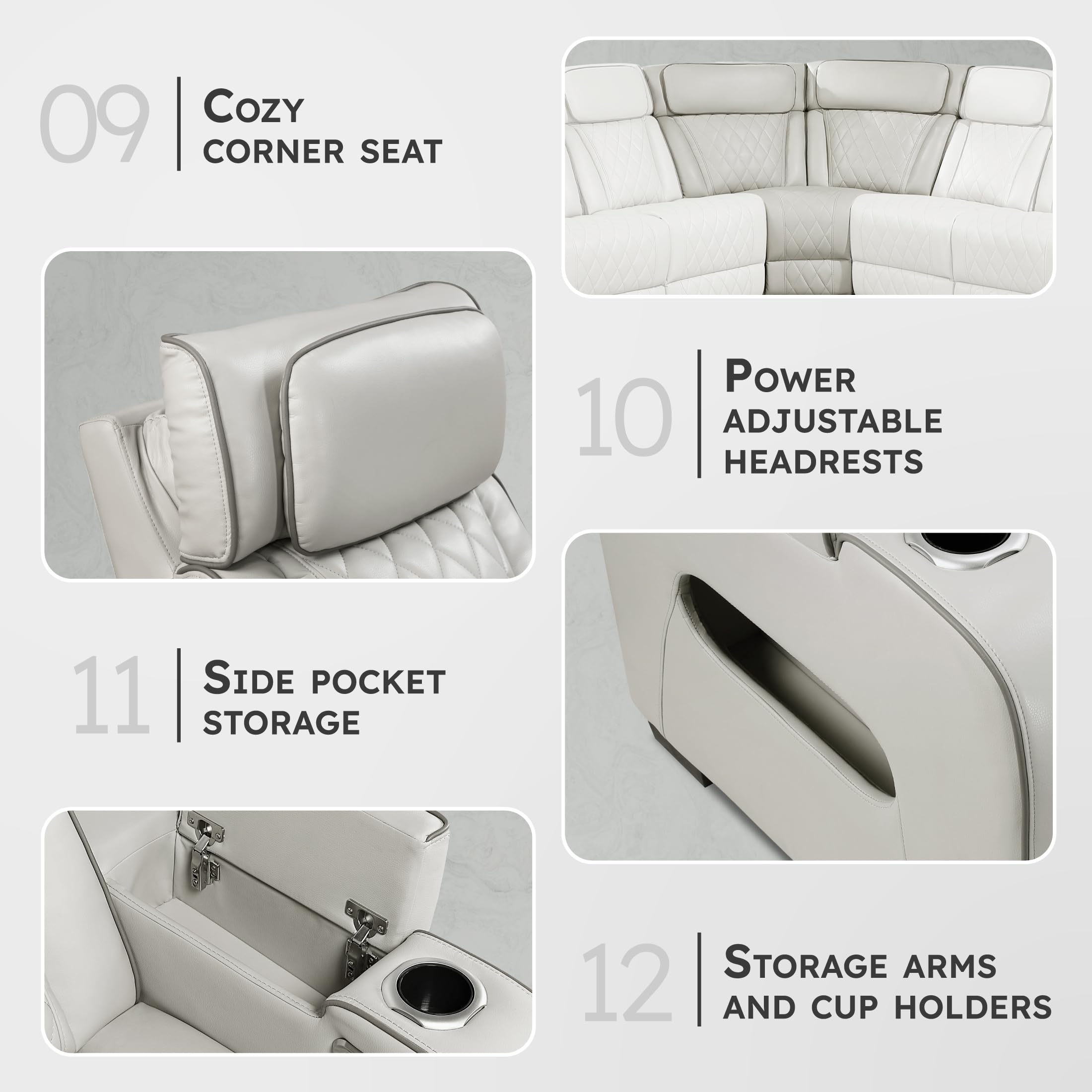 Lexicon 118" Power Reclining Sectional Sofa, Wall Hugger, 2 Recliner Seats, 2 Storage Arms, 2 Console Cup Holders, Power Headrests, Charging Ports, Wireless Speakers, LED Lighting, Faux Leather Taupe - Image 5