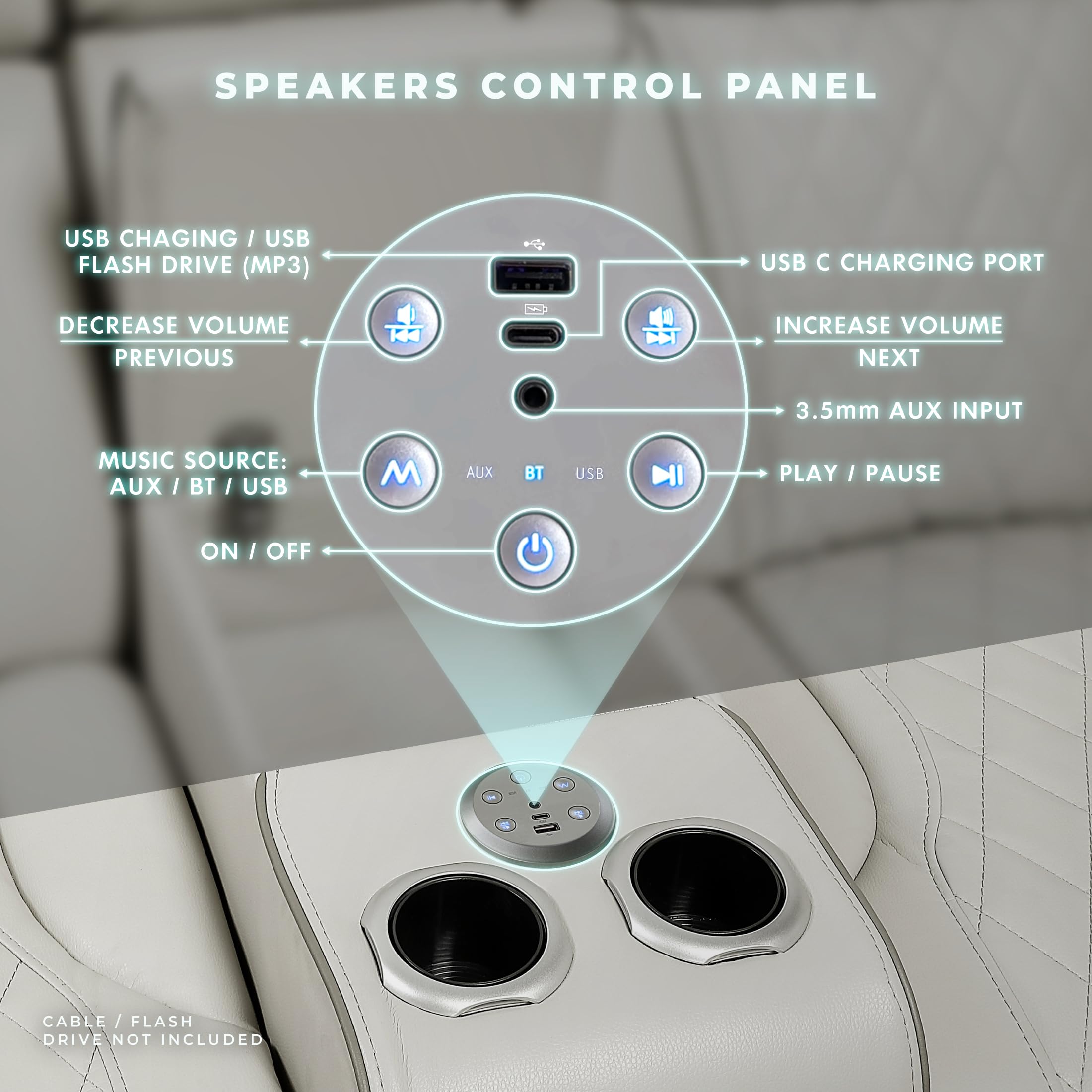 Lexicon 118" Power Reclining Sectional Sofa, Wall Hugger, 2 Recliner Seats, 2 Storage Arms, 2 Console Cup Holders, Power Headrests, Charging Ports, Wireless Speakers, LED Lighting, Faux Leather Taupe - Image 6