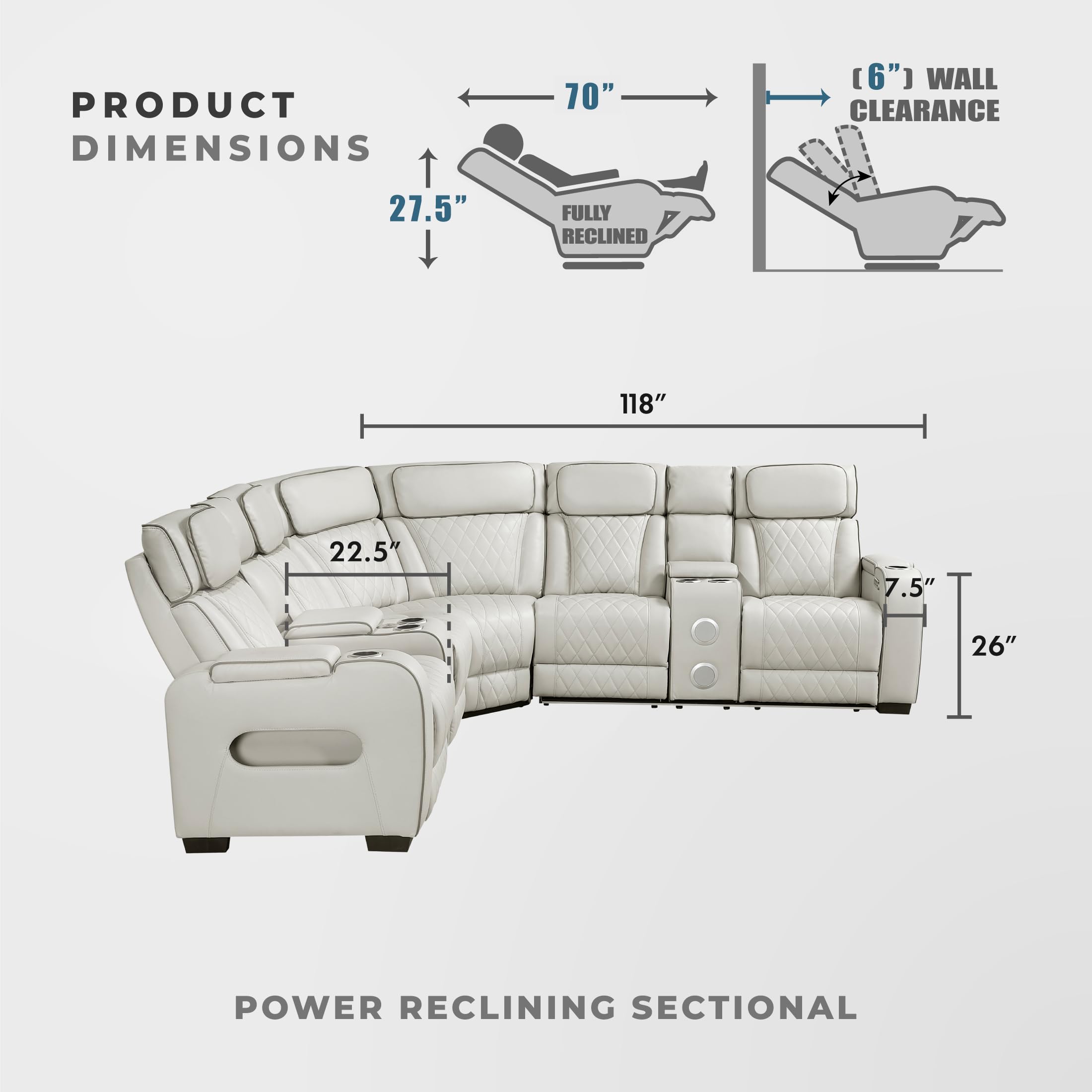 Lexicon 118" Power Reclining Sectional Sofa, Wall Hugger, 2 Recliner Seats, 2 Storage Arms, 2 Console Cup Holders, Power Headrests, Charging Ports, Wireless Speakers, LED Lighting, Faux Leather Taupe - Image 7