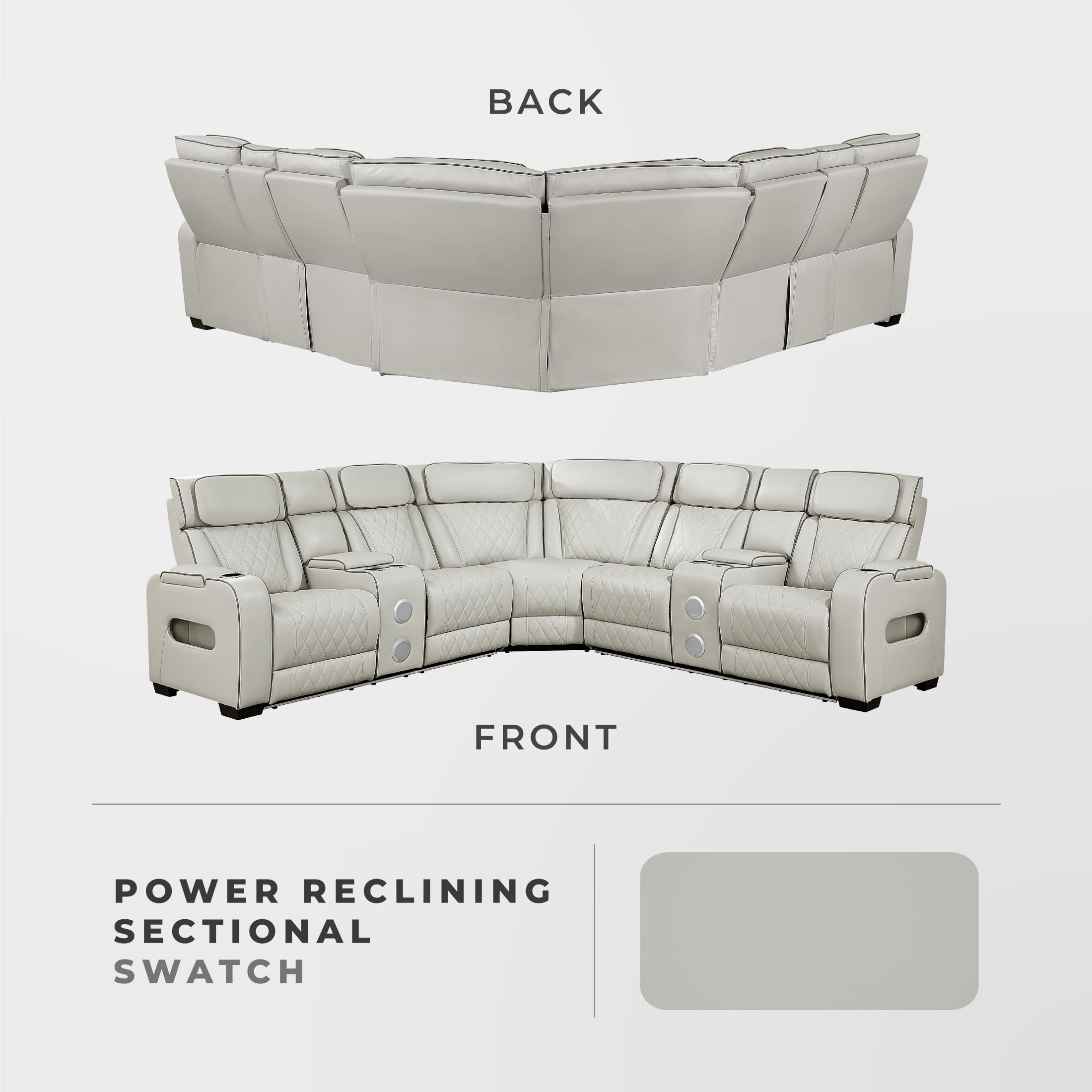 Lexicon 118" Power Reclining Sectional Sofa, Wall Hugger, 2 Recliner Seats, 2 Storage Arms, 2 Console Cup Holders, Power Headrests, Charging Ports, Wireless Speakers, LED Lighting, Faux Leather Taupe - Image 8