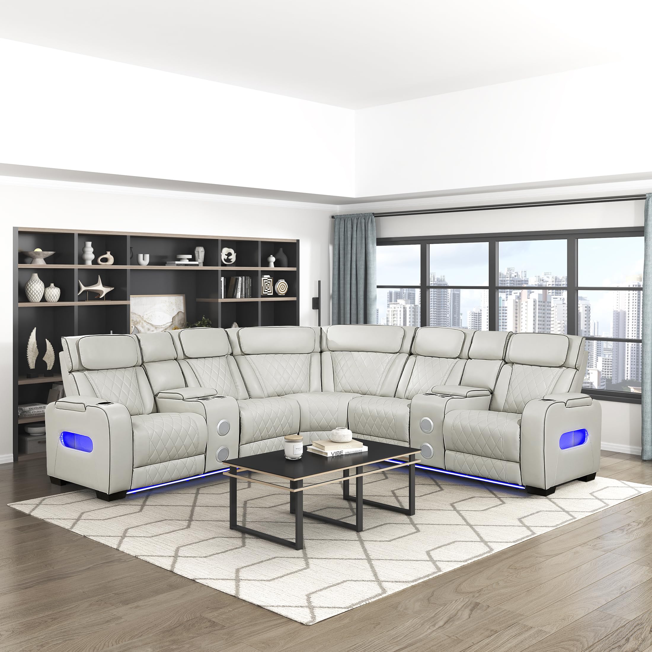 Lexicon 118" Power Reclining Sectional Sofa, Wall Hugger, 2 Recliner Seats, 2 Storage Arms, 2 Console Cup Holders, Power Headrests, Charging Ports, Wireless Speakers, LED Lighting, Faux Leather Taupe - Image 9