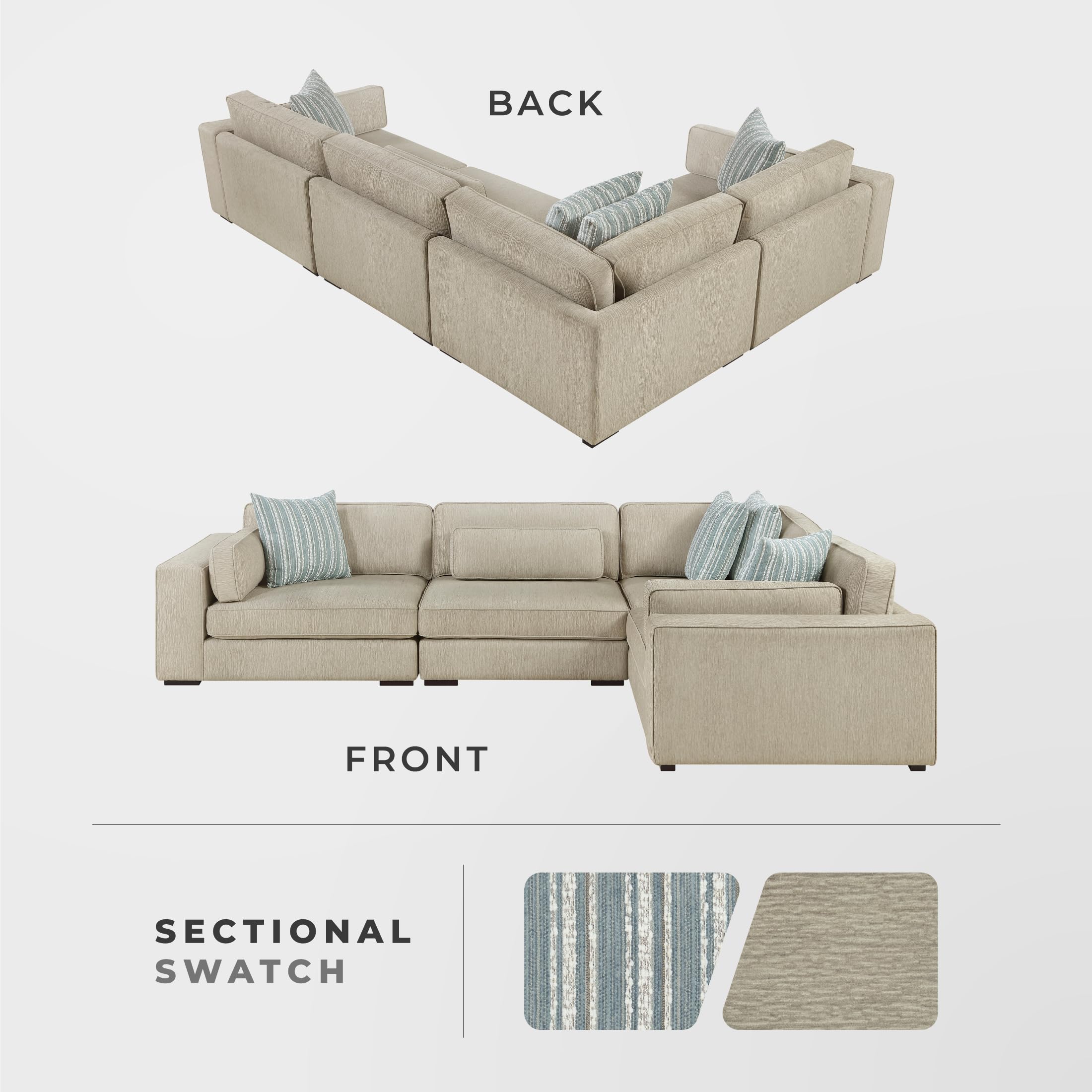 Lexicon 136" Modern 4-Piece Sectional Sofa with Reversible Cushions, Removable Cushion Covers, 7 Accent Pillows, L-Shaped Sectional Couch for Living Room, 4 Seater, Chenille Pewter - Image 4