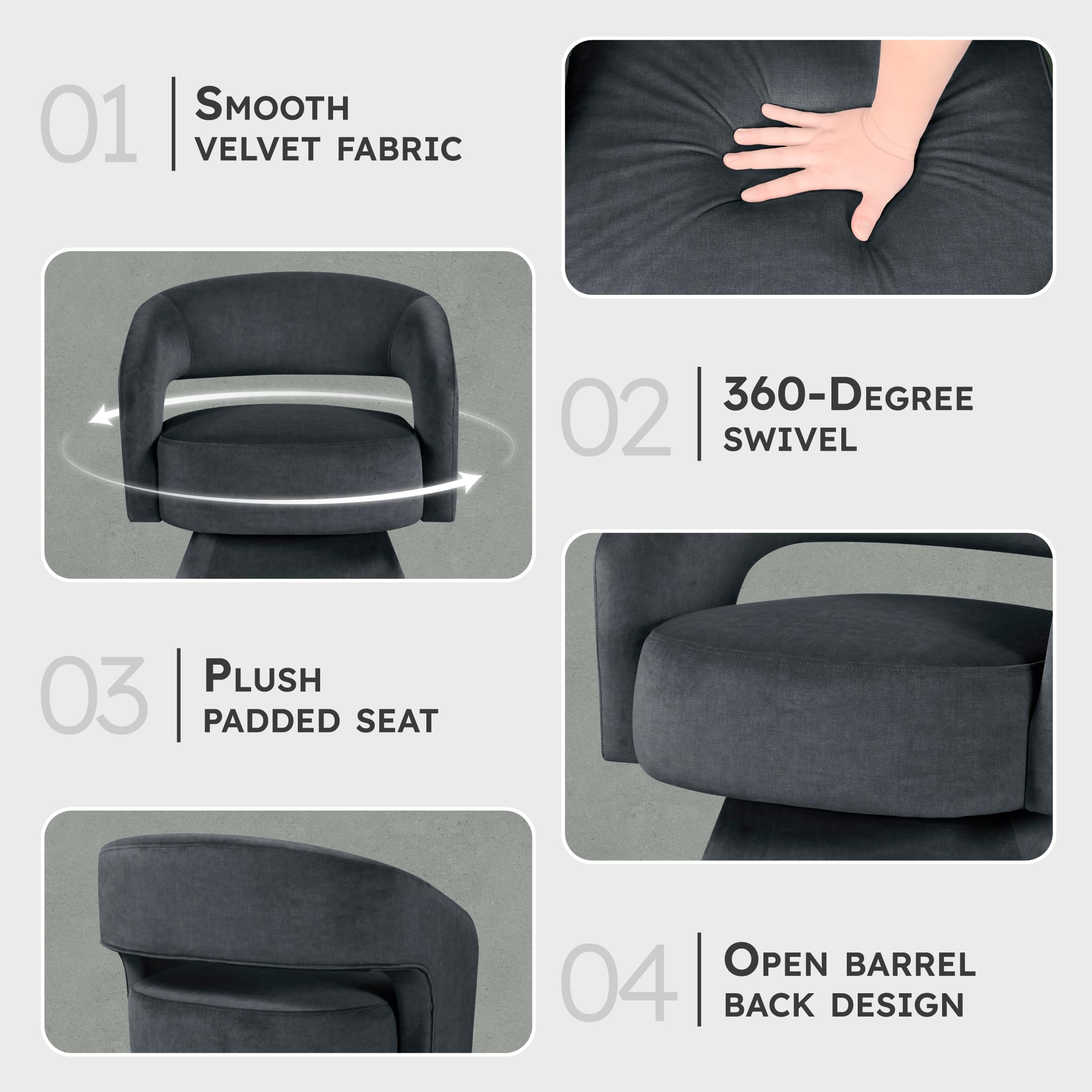 Lexicon 360 Degree Swivel Accent Chair, Modern Comfy Velvet Round Barrel Chair, Open Back, Plush Foam Cushions, Metal Swivel Base for Living Room, Bedroom or Office, Dark Gray - Image 3