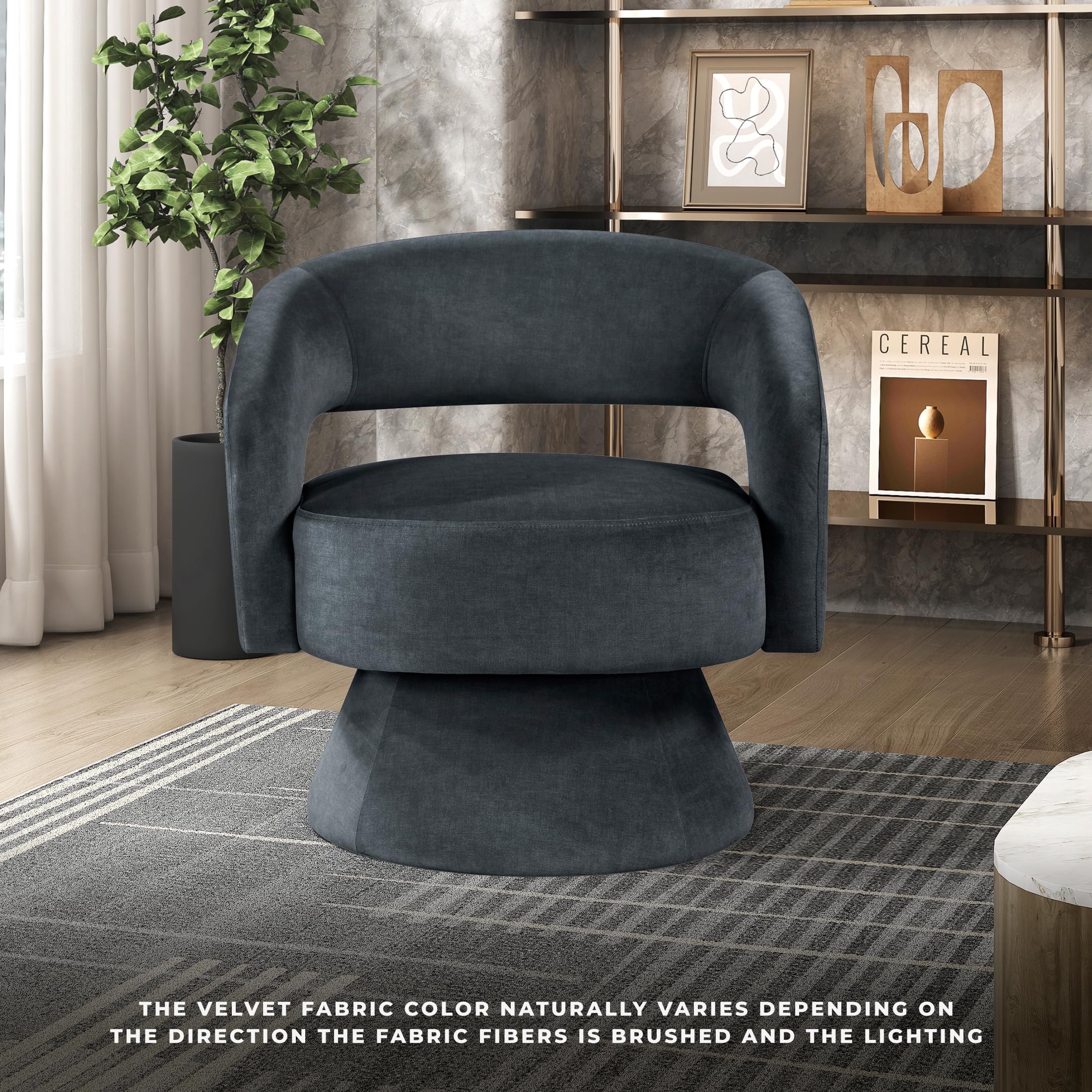 Lexicon 360 Degree Swivel Accent Chair, Modern Comfy Velvet Round Barrel Chair, Open Back, Plush Foam Cushions, Metal Swivel Base for Living Room, Bedroom or Office, Dark Gray - Image 5