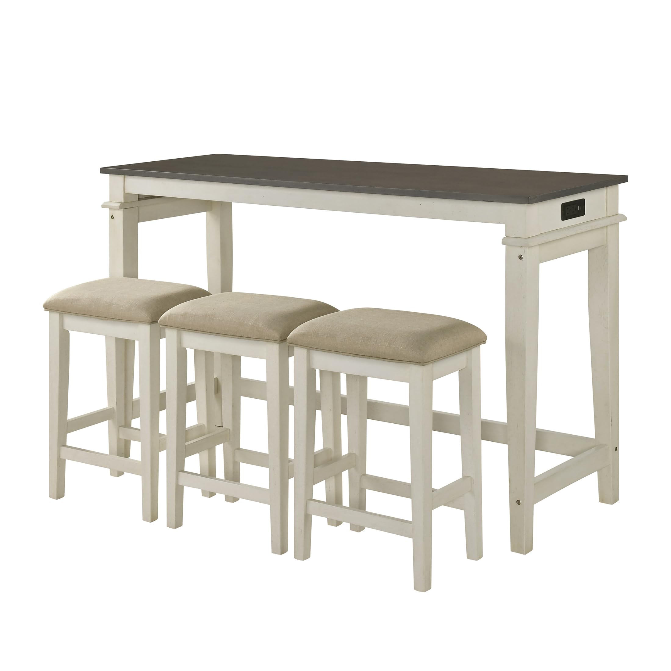 Lexicon 4 Piece Counter Height Bar Table with 3 Stools, Power Outlets, Rubberwood Frame Kitchen Table with 3 Padded Stools, Charging Ports for Small Spaces, Ash Veneer Walnut and Buttermilk Finish - Image 13