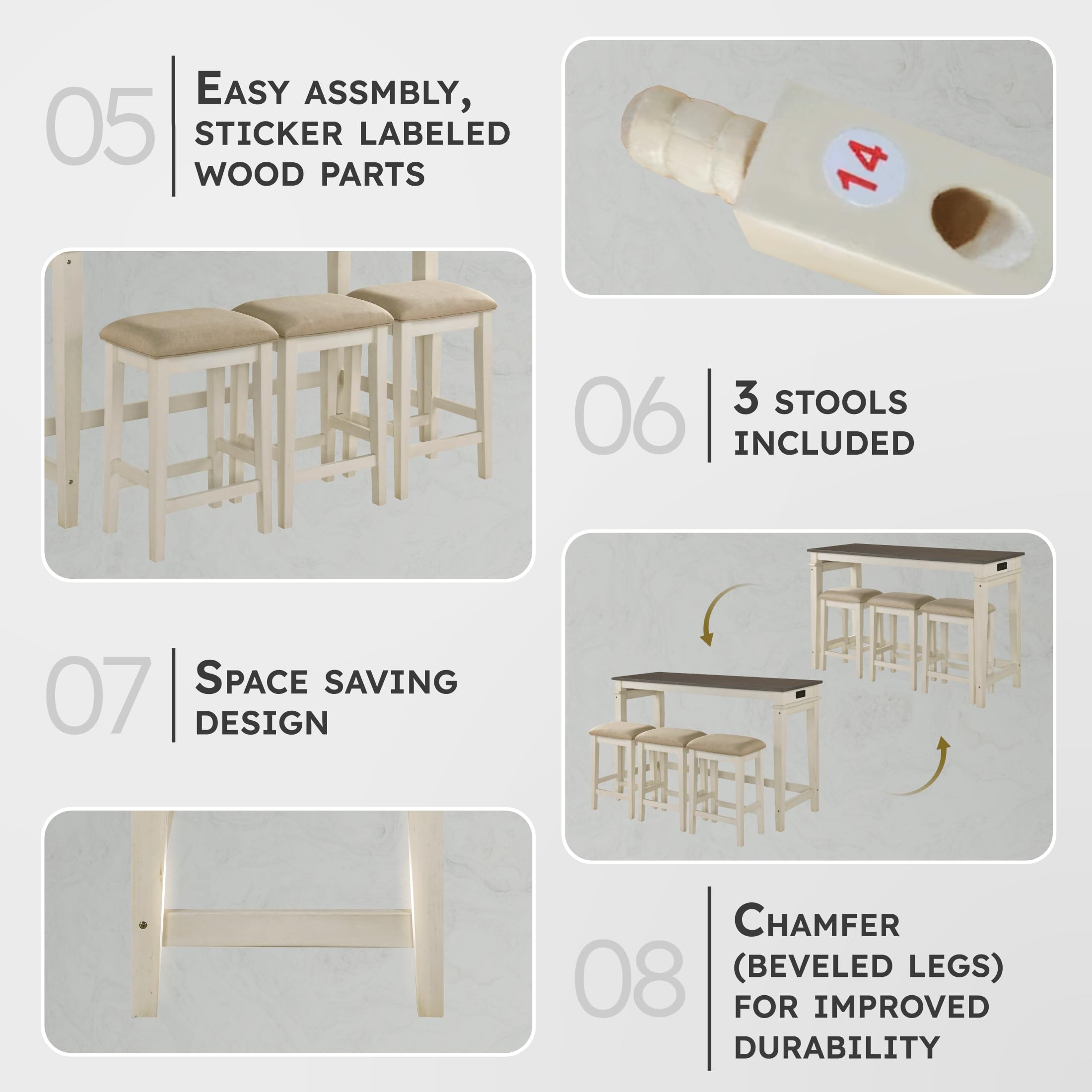 Lexicon 4 Piece Counter Height Bar Table with 3 Stools, Power Outlets, Rubberwood Frame Kitchen Table with 3 Padded Stools, Charging Ports for Small Spaces, Ash Veneer Walnut and Buttermilk Finish - Image 3