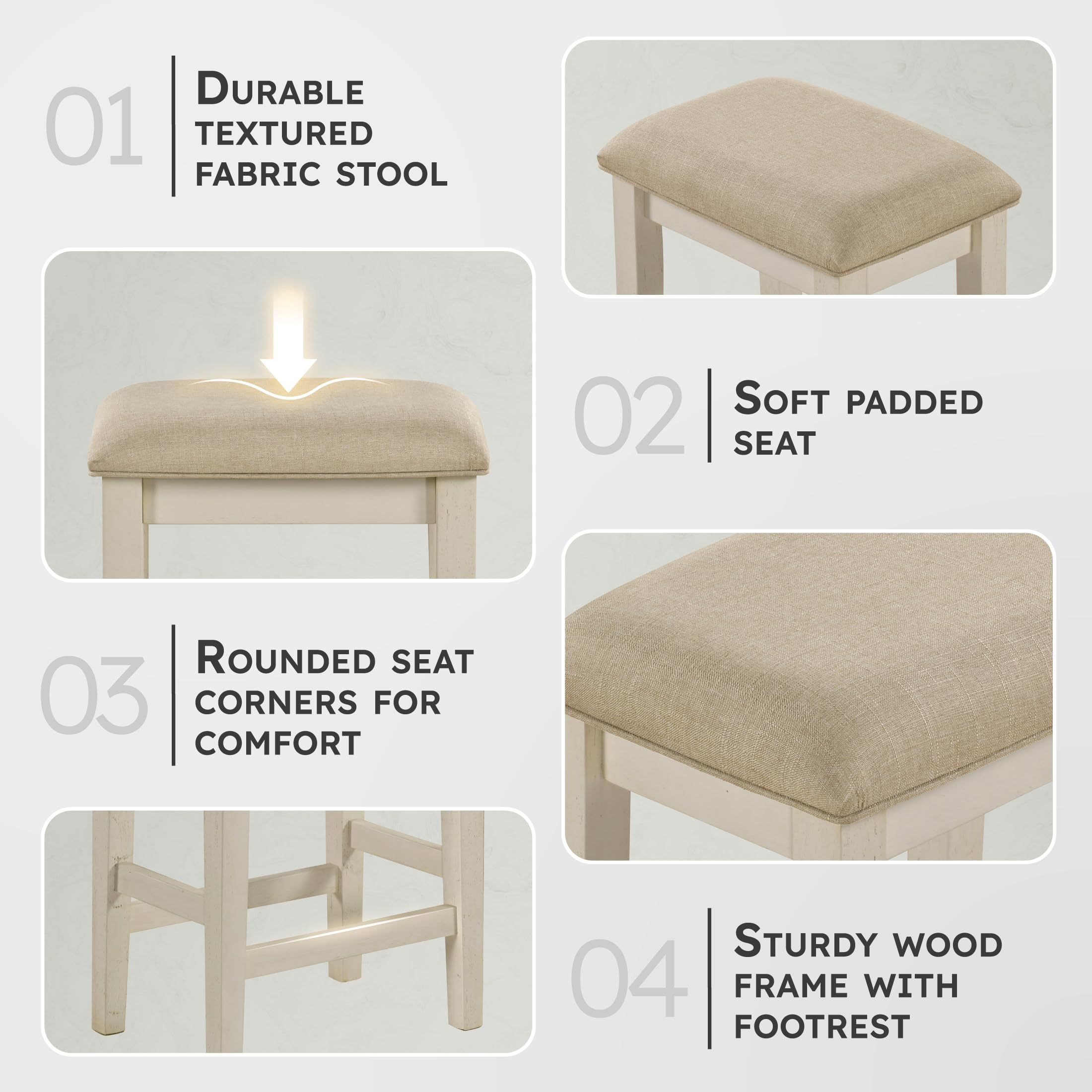 Lexicon 4 Piece Counter Height Bar Table with 3 Stools, Power Outlets, Rubberwood Frame Kitchen Table with 3 Padded Stools, Charging Ports for Small Spaces, Ash Veneer Walnut and Buttermilk Finish - Image 4