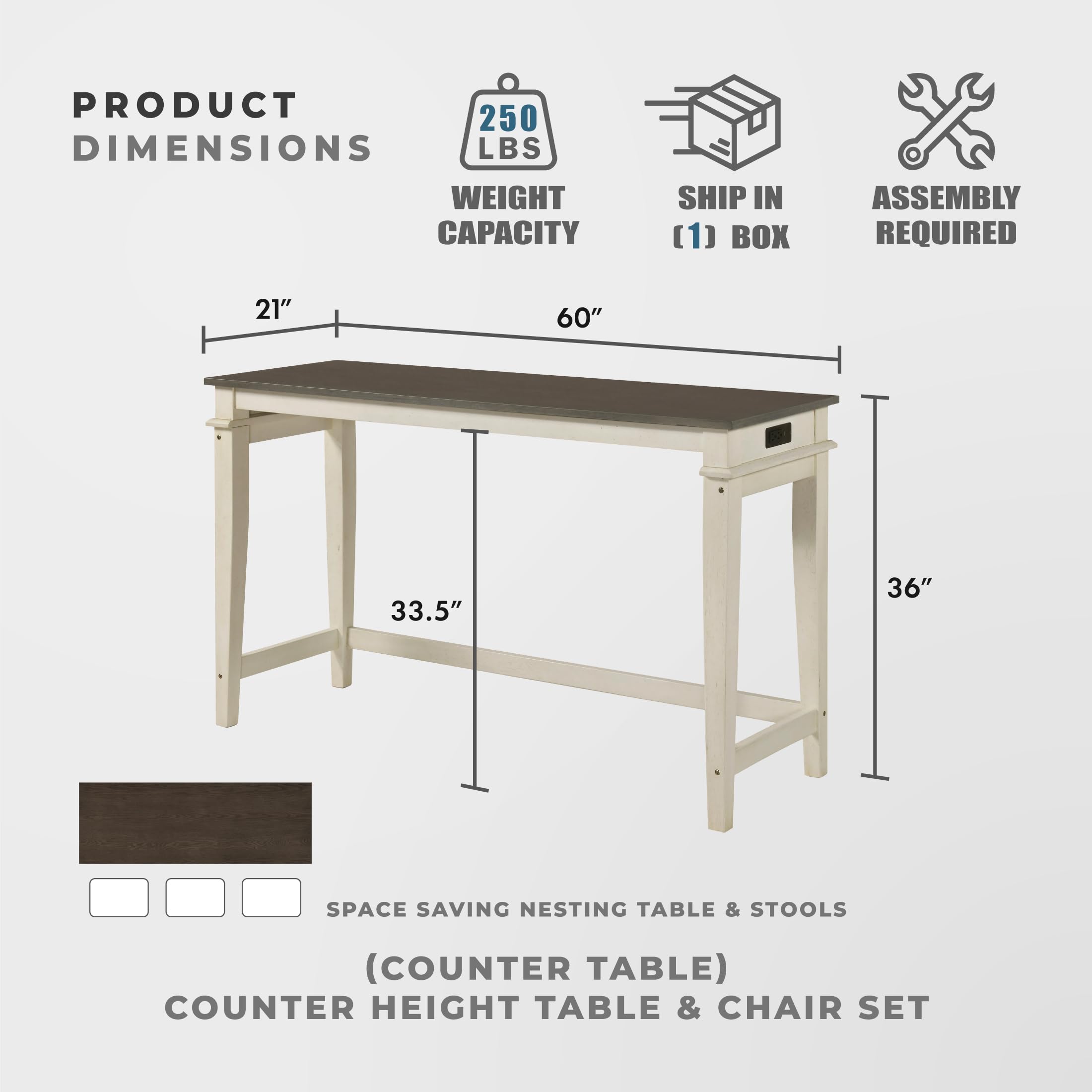 Lexicon 4 Piece Counter Height Bar Table with 3 Stools, Power Outlets, Rubberwood Frame Kitchen Table with 3 Padded Stools, Charging Ports for Small Spaces, Ash Veneer Walnut and Buttermilk Finish - Image 5