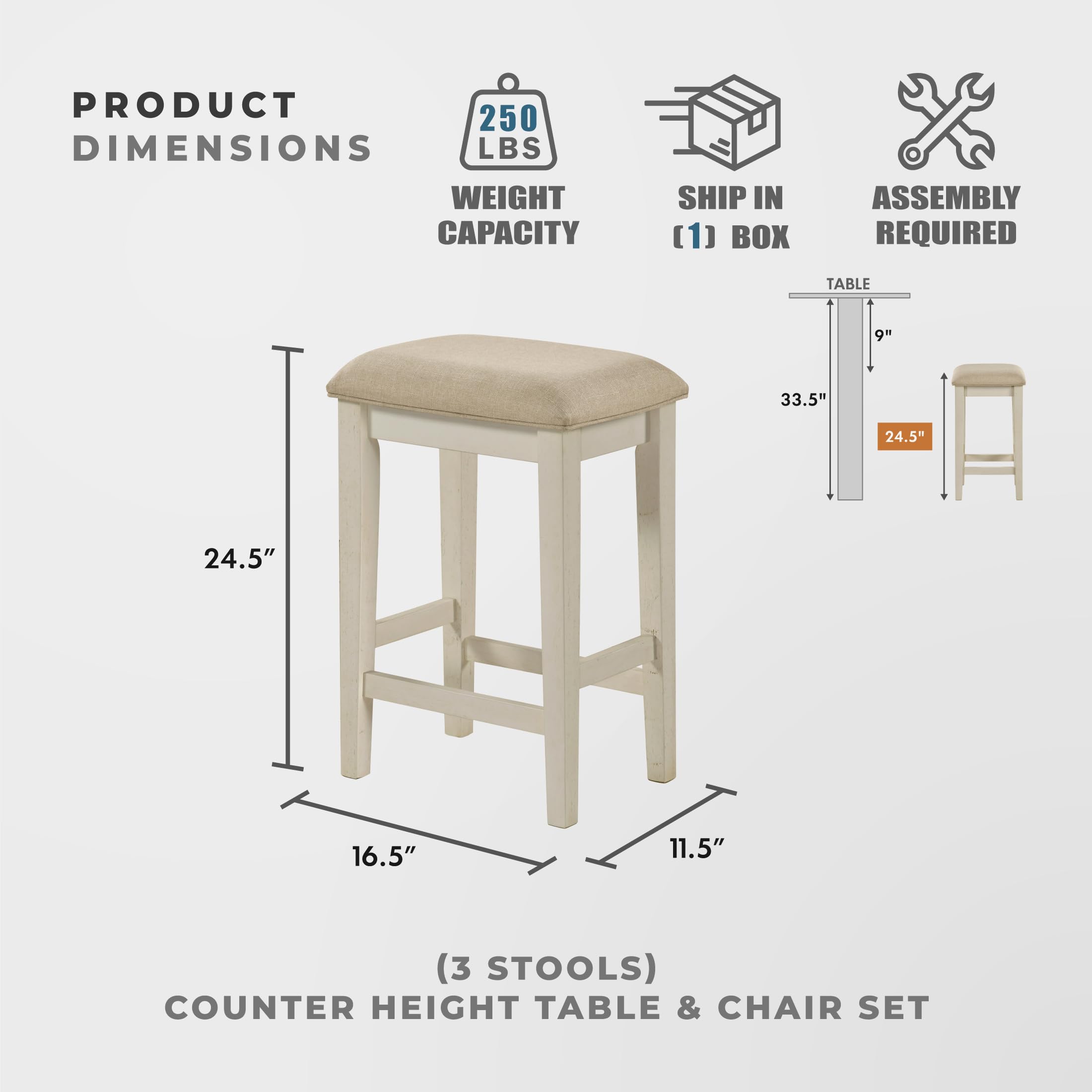 Lexicon 4 Piece Counter Height Bar Table with 3 Stools, Power Outlets, Rubberwood Frame Kitchen Table with 3 Padded Stools, Charging Ports for Small Spaces, Ash Veneer Walnut and Buttermilk Finish - Image 6