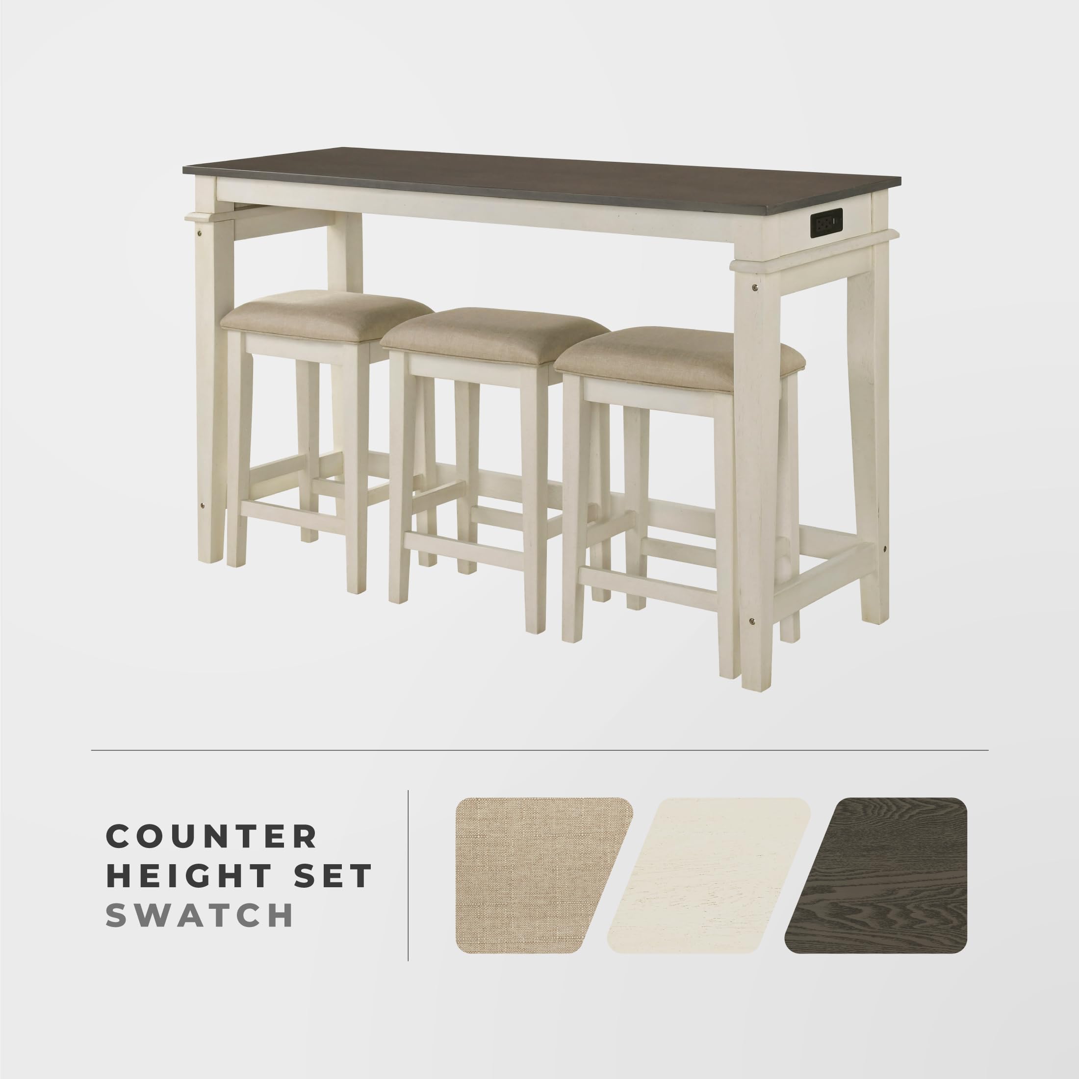 Lexicon 4 Piece Counter Height Bar Table with 3 Stools, Power Outlets, Rubberwood Frame Kitchen Table with 3 Padded Stools, Charging Ports for Small Spaces, Ash Veneer Walnut and Buttermilk Finish - Image 7