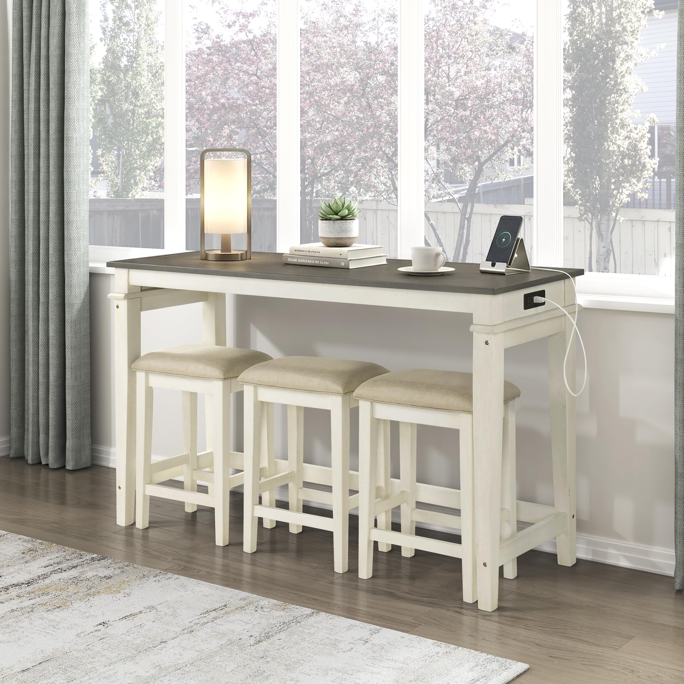 Lexicon 4 Piece Counter Height Bar Table with 3 Stools, Power Outlets, Rubberwood Frame Kitchen Table with 3 Padded Stools, Charging Ports for Small Spaces, Ash Veneer Walnut and Buttermilk Finish - Image 8