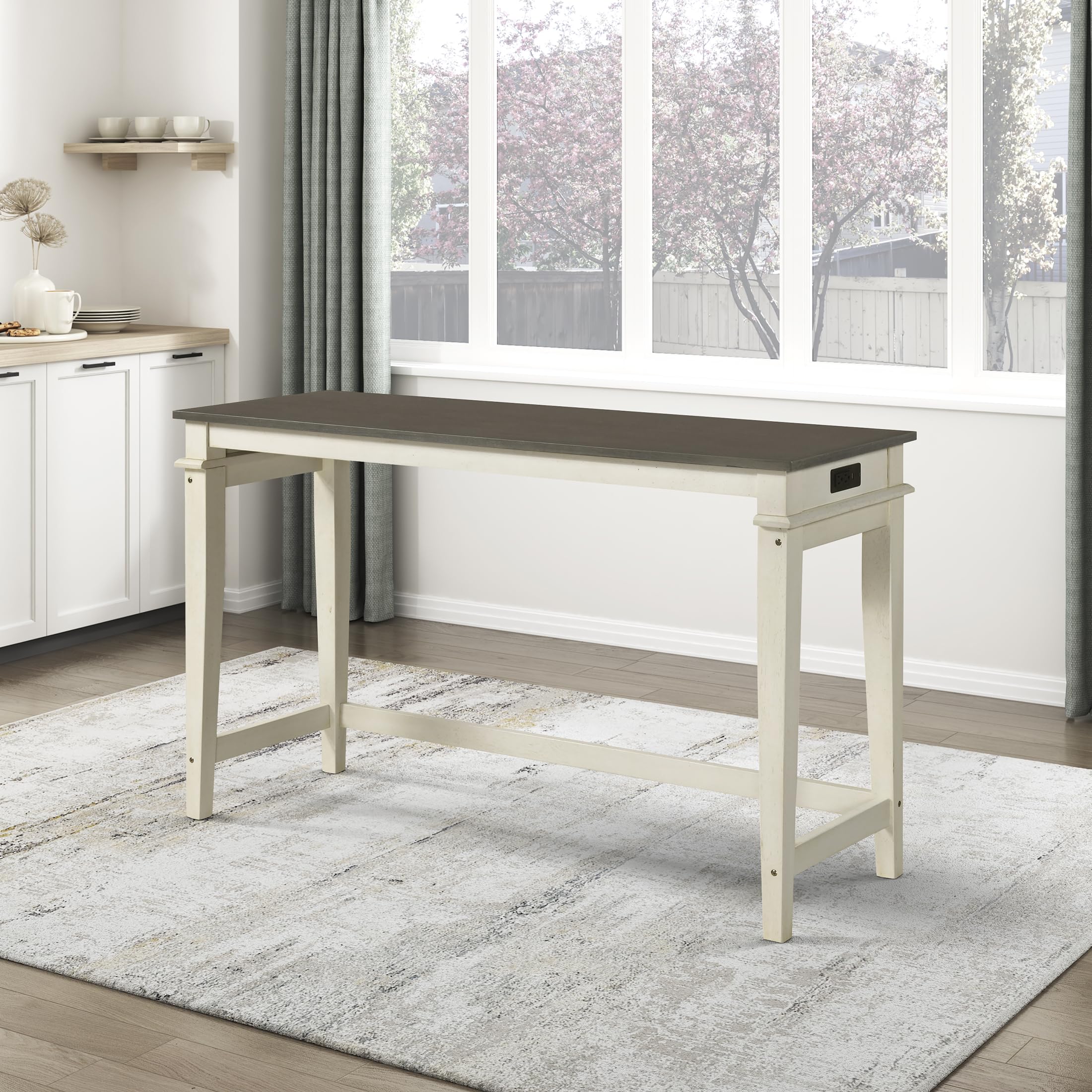 Lexicon 4 Piece Counter Height Bar Table with 3 Stools, Power Outlets, Rubberwood Frame Kitchen Table with 3 Padded Stools, Charging Ports for Small Spaces, Ash Veneer Walnut and Buttermilk Finish - Image 9