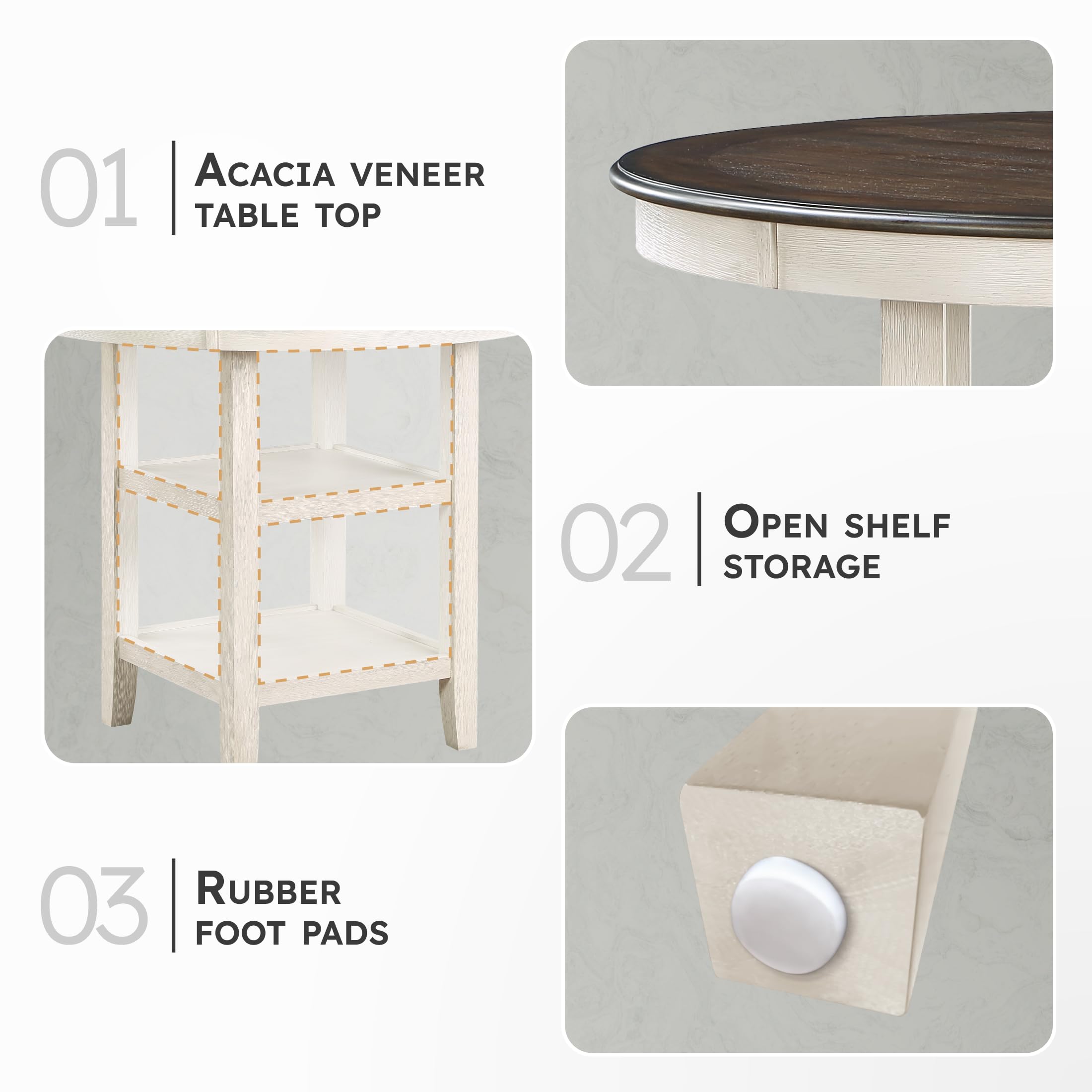 Lexicon 42-Inch Dia. Round Counter Height Table for 4 People, Counter Height Dining Table with Storage Base, Acacia Veneer, Wood Frame, for Home/Kitchen/Dining Room, Brown/Antique White - Image 3