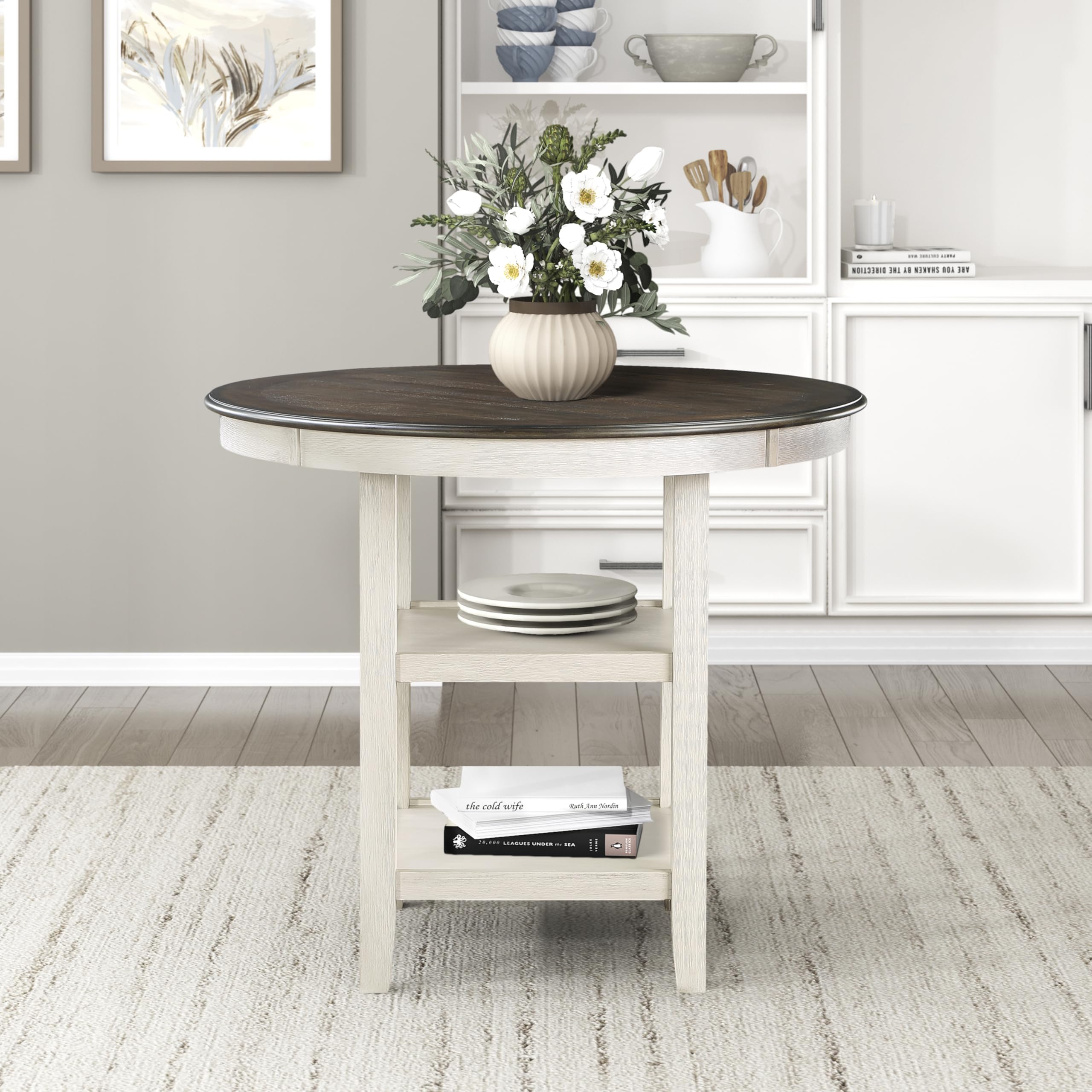 Lexicon 42-Inch Dia. Round Counter Height Table for 4 People, Counter Height Dining Table with Storage Base, Acacia Veneer, Wood Frame, for Home/Kitchen/Dining Room, Brown/Antique White - Image 6