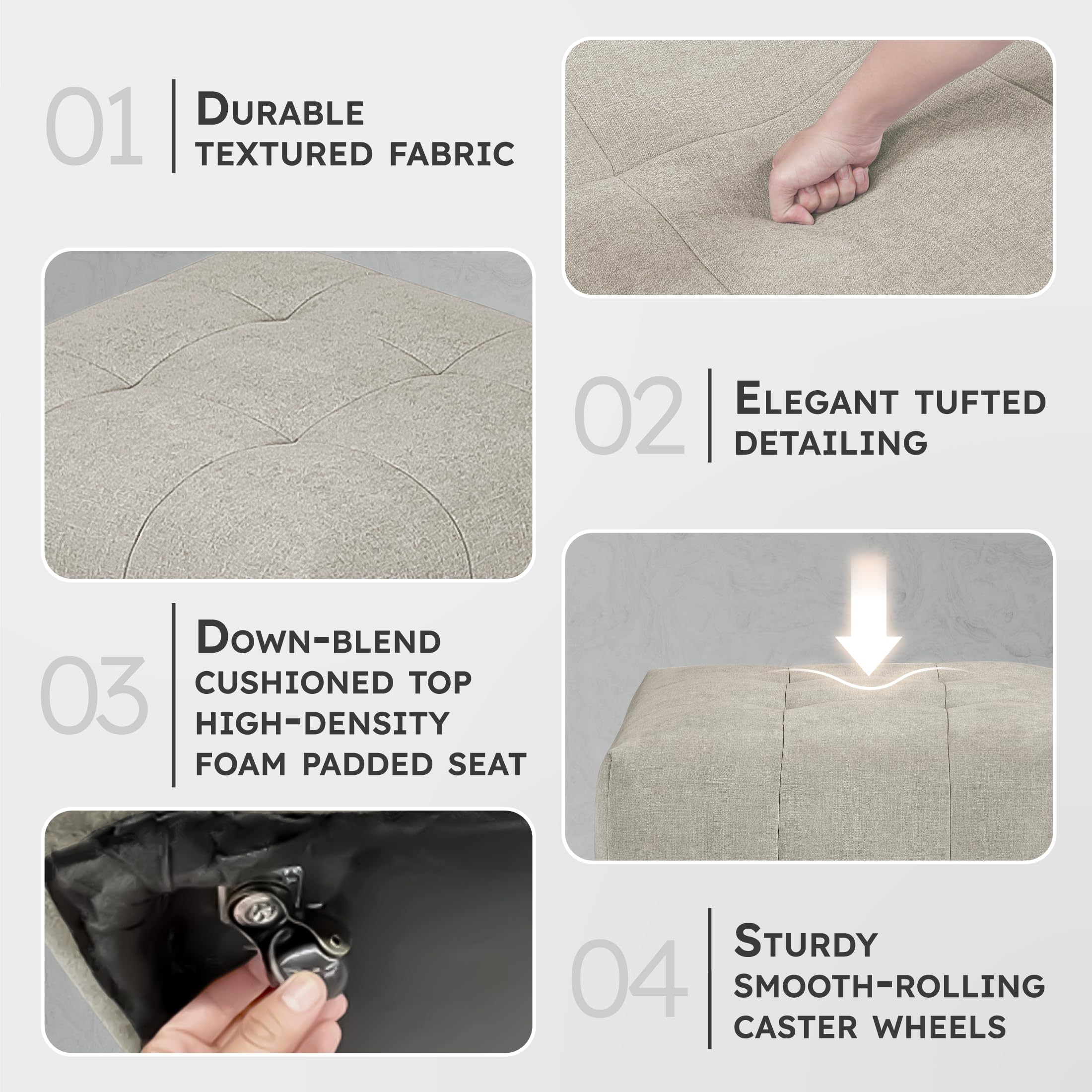 Lexicon 46 Inch Large Square-Ottoman with Casters, Modern Tufted Fabric Coffee Table Ottoman, Module Oversized Footstool, Mobile Padded Footrest for Sectional Sofas, Living Room, Apartment, Taupe - Image 3