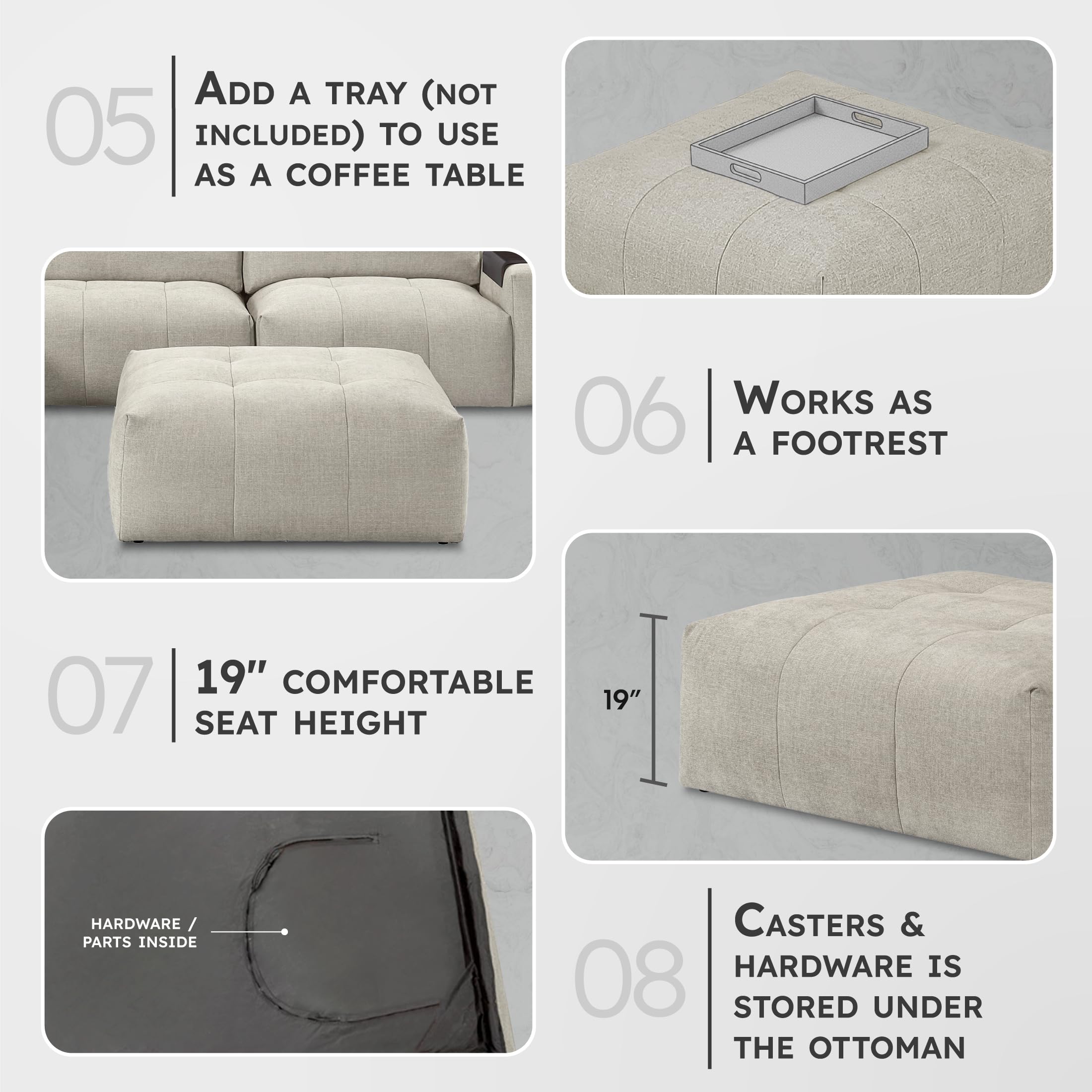 Lexicon 46 Inch Large Square-Ottoman with Casters, Modern Tufted Fabric Coffee Table Ottoman, Module Oversized Footstool, Mobile Padded Footrest for Sectional Sofas, Living Room, Apartment, Taupe - Image 4