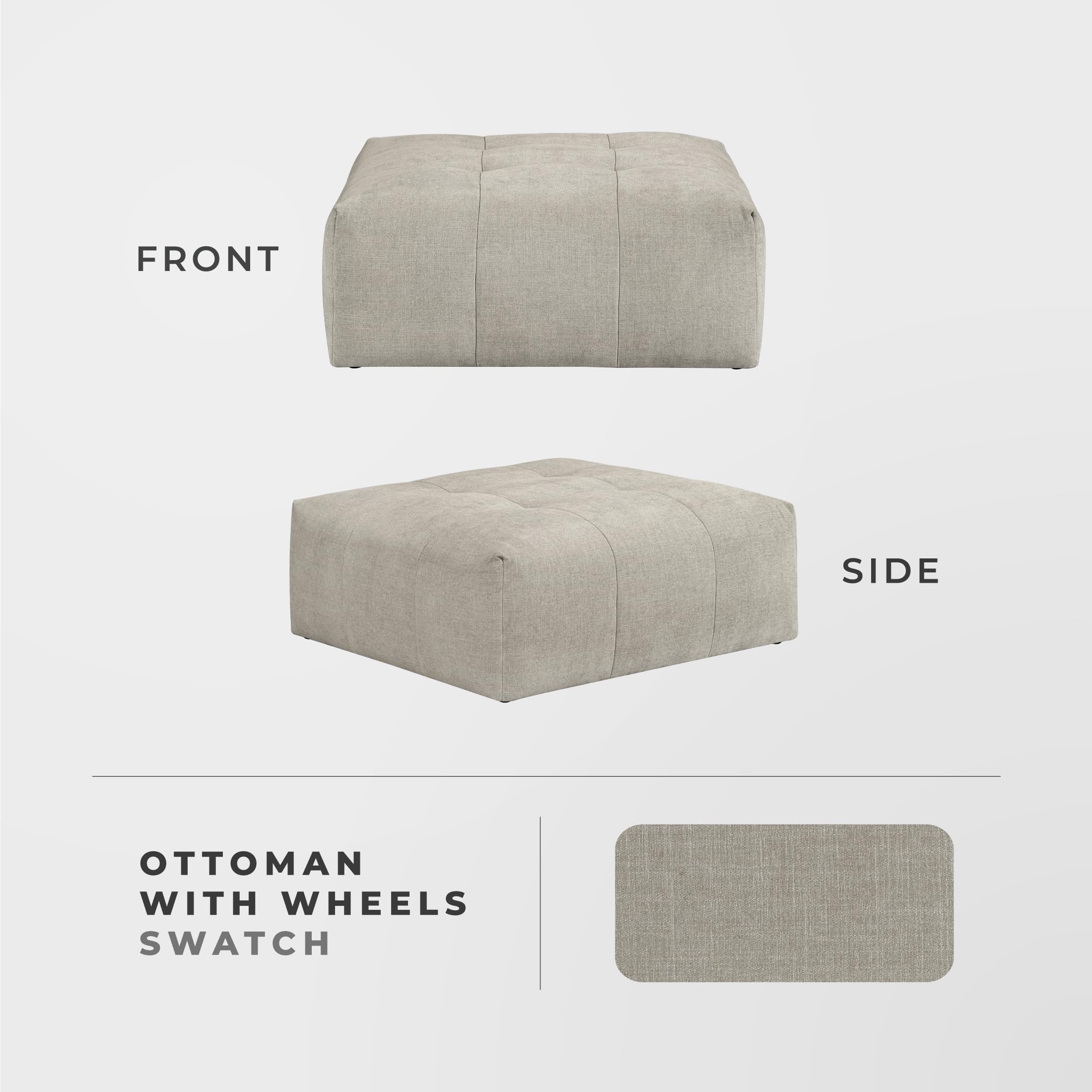 Lexicon 46 Inch Large Square-Ottoman with Casters, Modern Tufted Fabric Coffee Table Ottoman, Module Oversized Footstool, Mobile Padded Footrest for Sectional Sofas, Living Room, Apartment, Taupe - Image 5