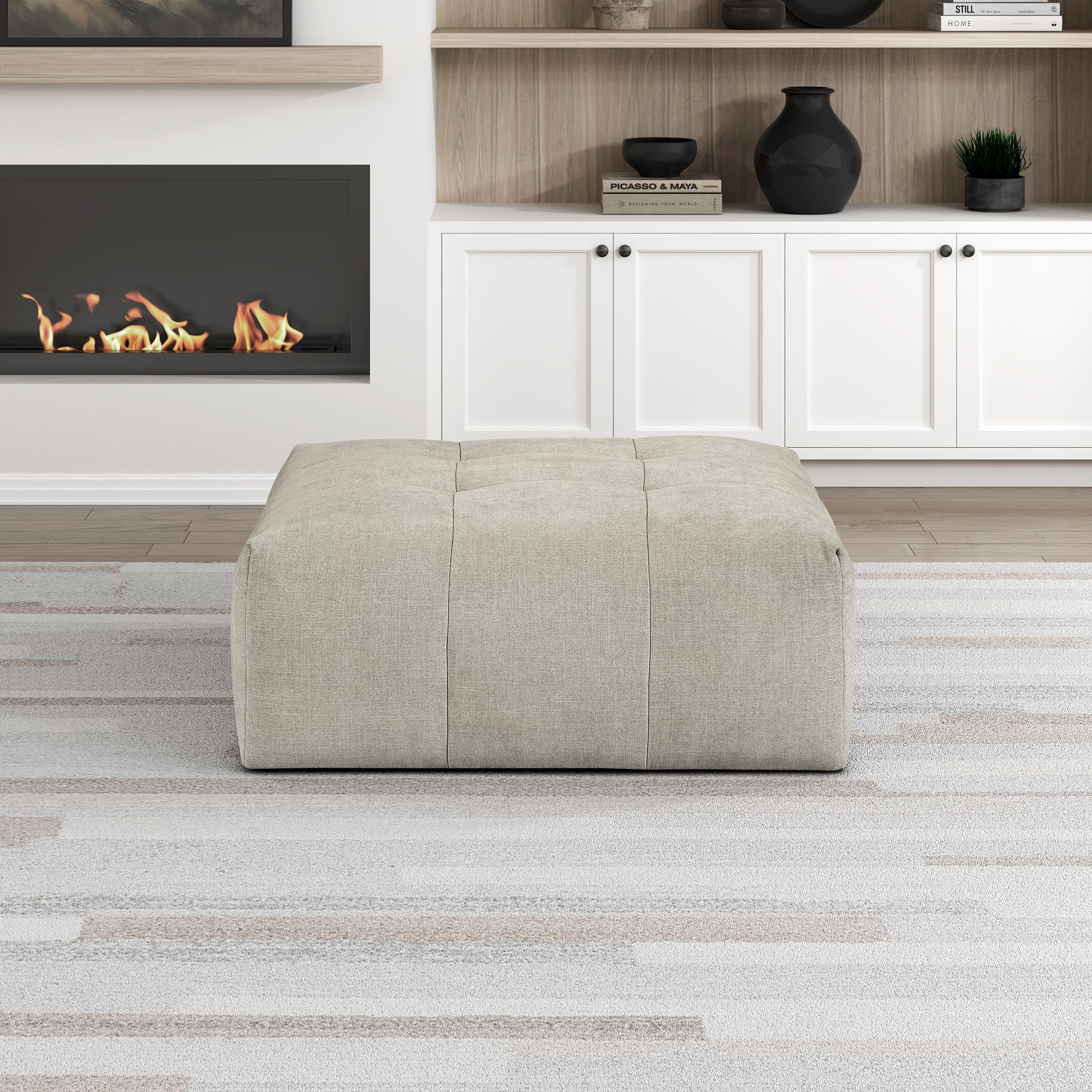 Lexicon 46 Inch Large Square-Ottoman with Casters, Modern Tufted Fabric Coffee Table Ottoman, Module Oversized Footstool, Mobile Padded Footrest for Sectional Sofas, Living Room, Apartment, Taupe - Image 6