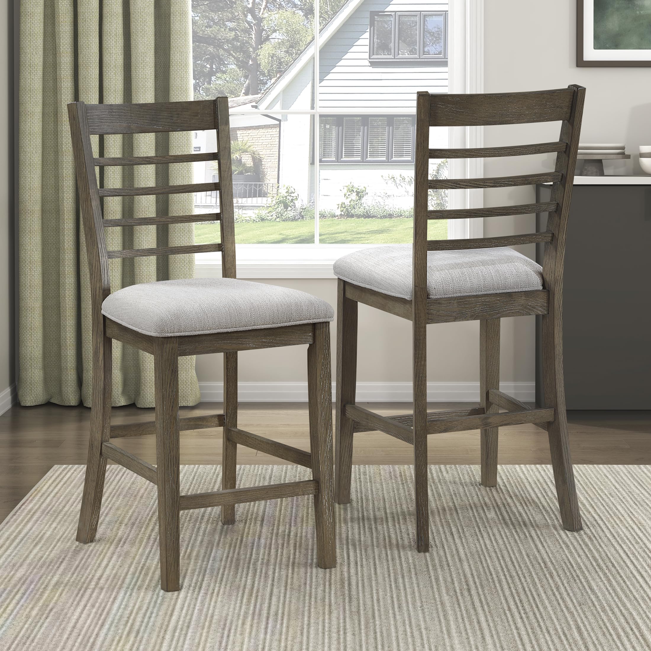 Lexicon 6 Piece Counter Height Dining Table Set, Wooden Counter Height Dining Room Set for 6, Including 1 Kitchen Table, 4 Upholstered Ladder Back Chairs and 1 Bench, Light Brown/Gray - Image 11