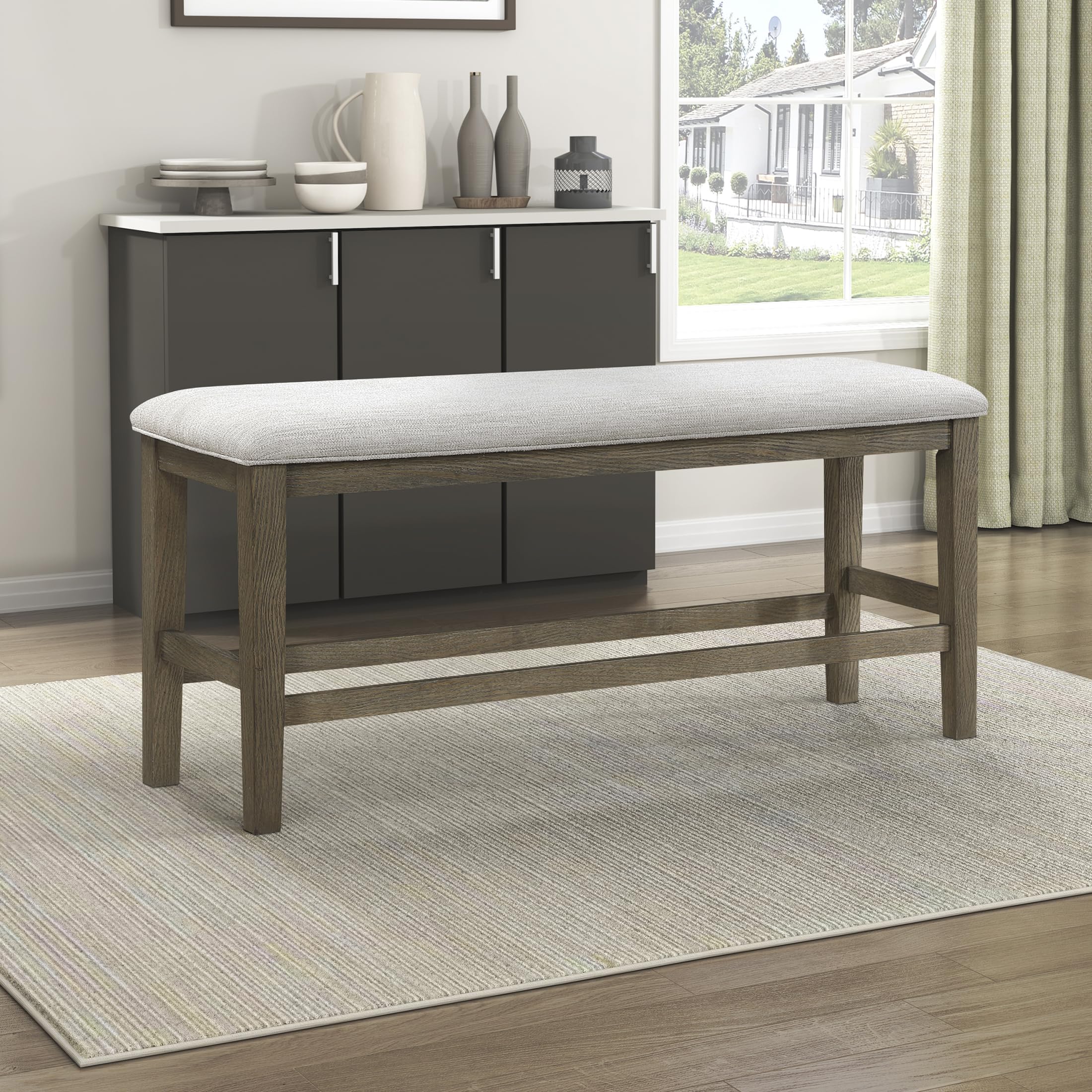 Lexicon 6 Piece Counter Height Dining Table Set, Wooden Counter Height Dining Room Set for 6, Including 1 Kitchen Table, 4 Upholstered Ladder Back Chairs and 1 Bench, Light Brown/Gray - Image 13