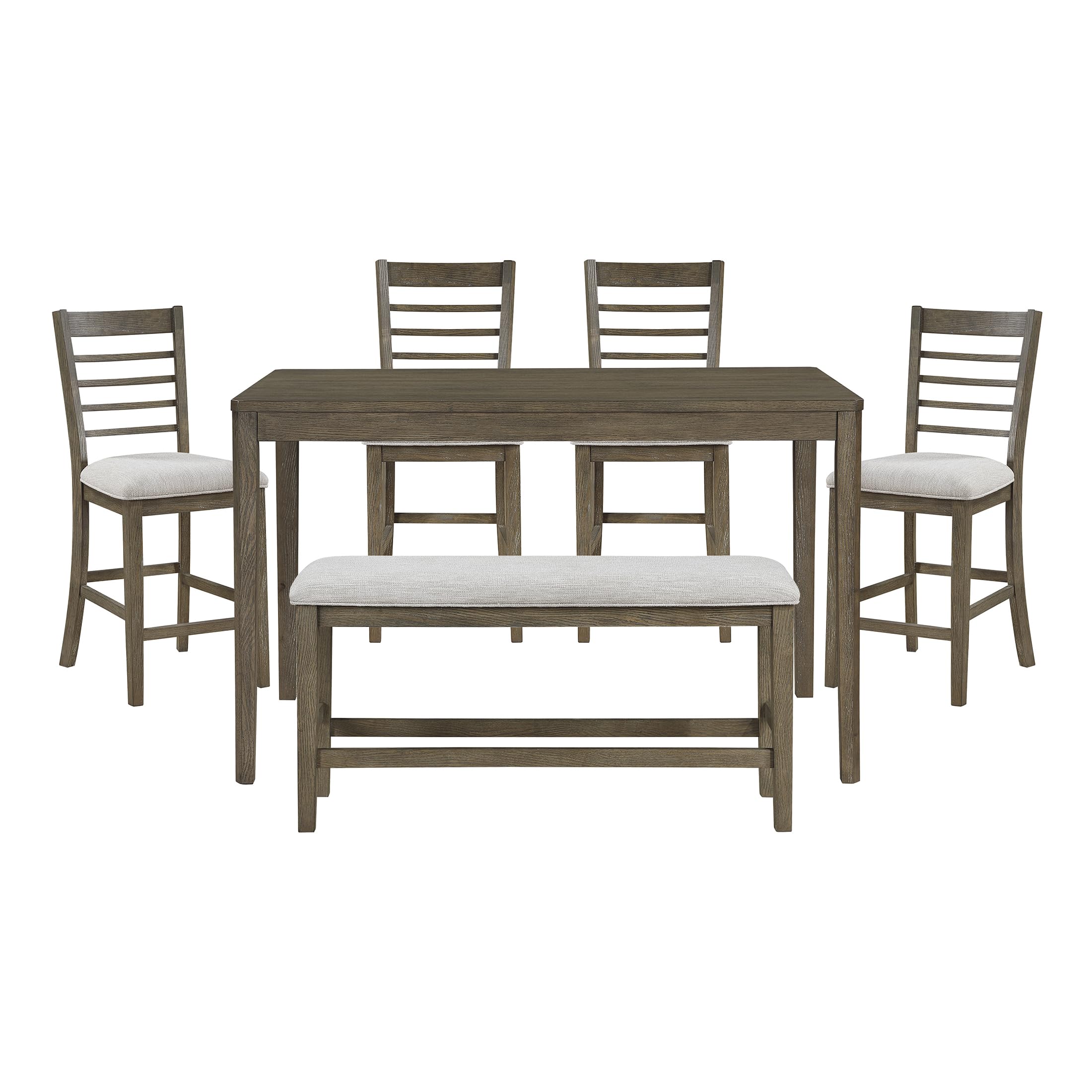 Lexicon 6 Piece Counter Height Dining Table Set, Wooden Counter Height Dining Room Set for 6, Including 1 Kitchen Table, 4 Upholstered Ladder Back Chairs and 1 Bench, Light Brown/Gray - Image 14