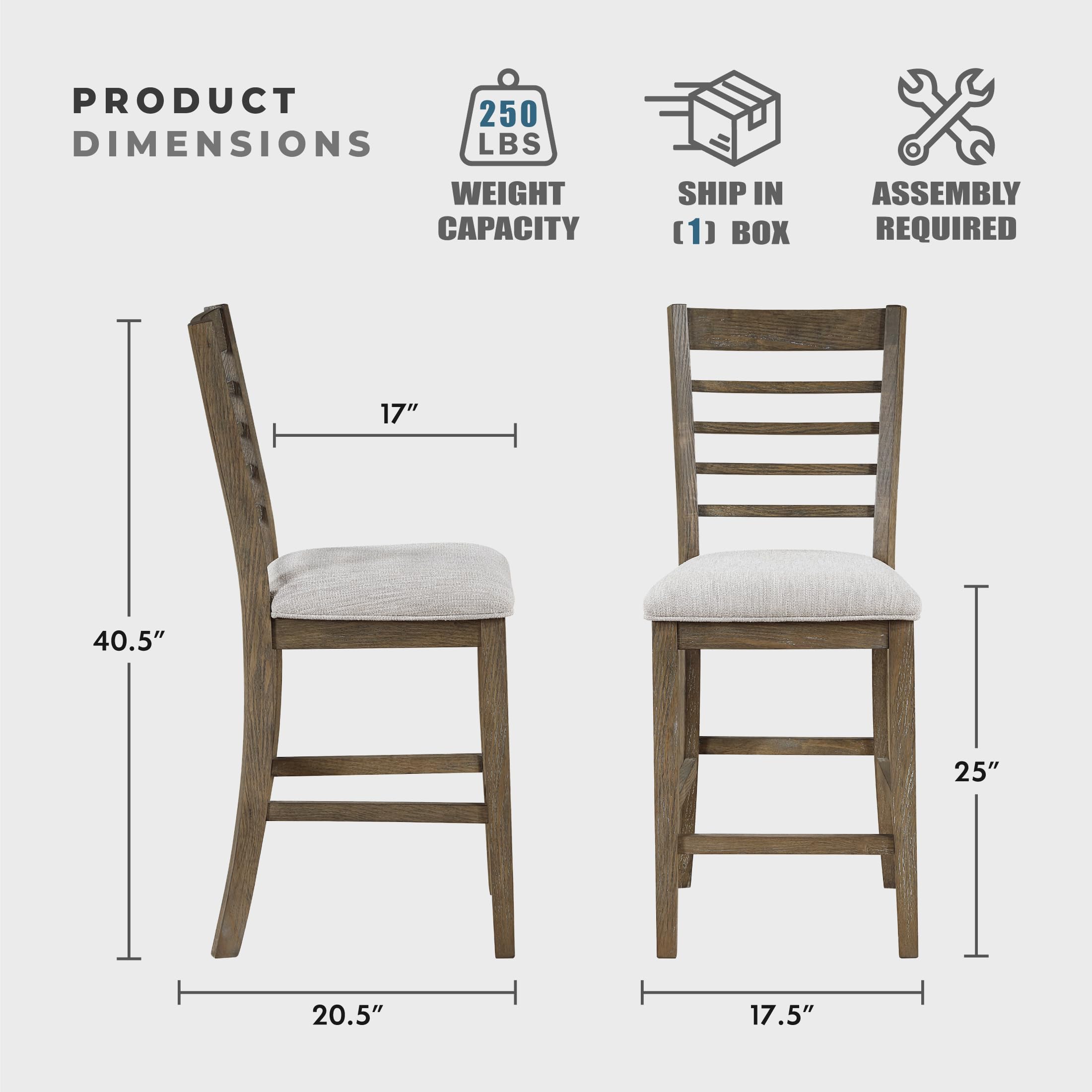 Lexicon 6 Piece Counter Height Dining Table Set, Wooden Counter Height Dining Room Set for 6, Including 1 Kitchen Table, 4 Upholstered Ladder Back Chairs and 1 Bench, Light Brown/Gray - Image 4