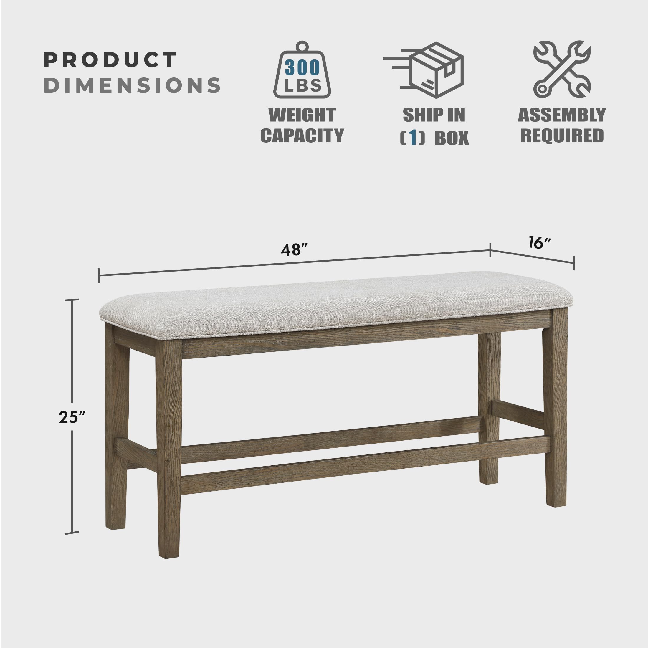 Lexicon 6 Piece Counter Height Dining Table Set, Wooden Counter Height Dining Room Set for 6, Including 1 Kitchen Table, 4 Upholstered Ladder Back Chairs and 1 Bench, Light Brown/Gray - Image 5