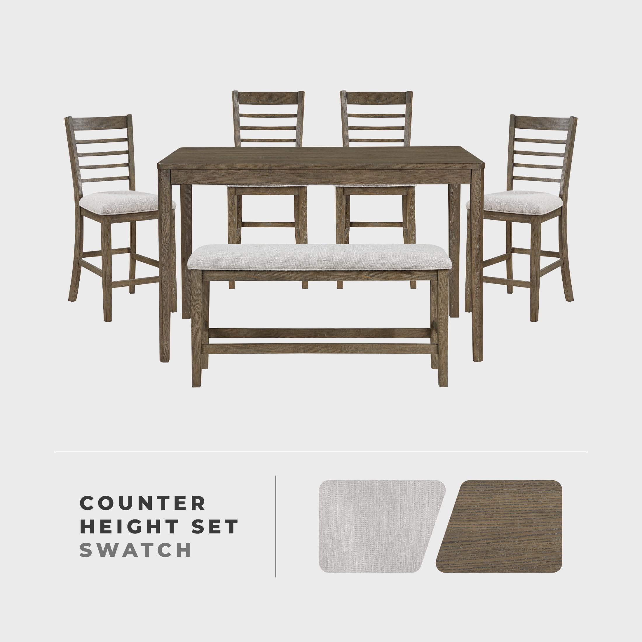 Lexicon 6 Piece Counter Height Dining Table Set, Wooden Counter Height Dining Room Set for 6, Including 1 Kitchen Table, 4 Upholstered Ladder Back Chairs and 1 Bench, Light Brown/Gray - Image 6
