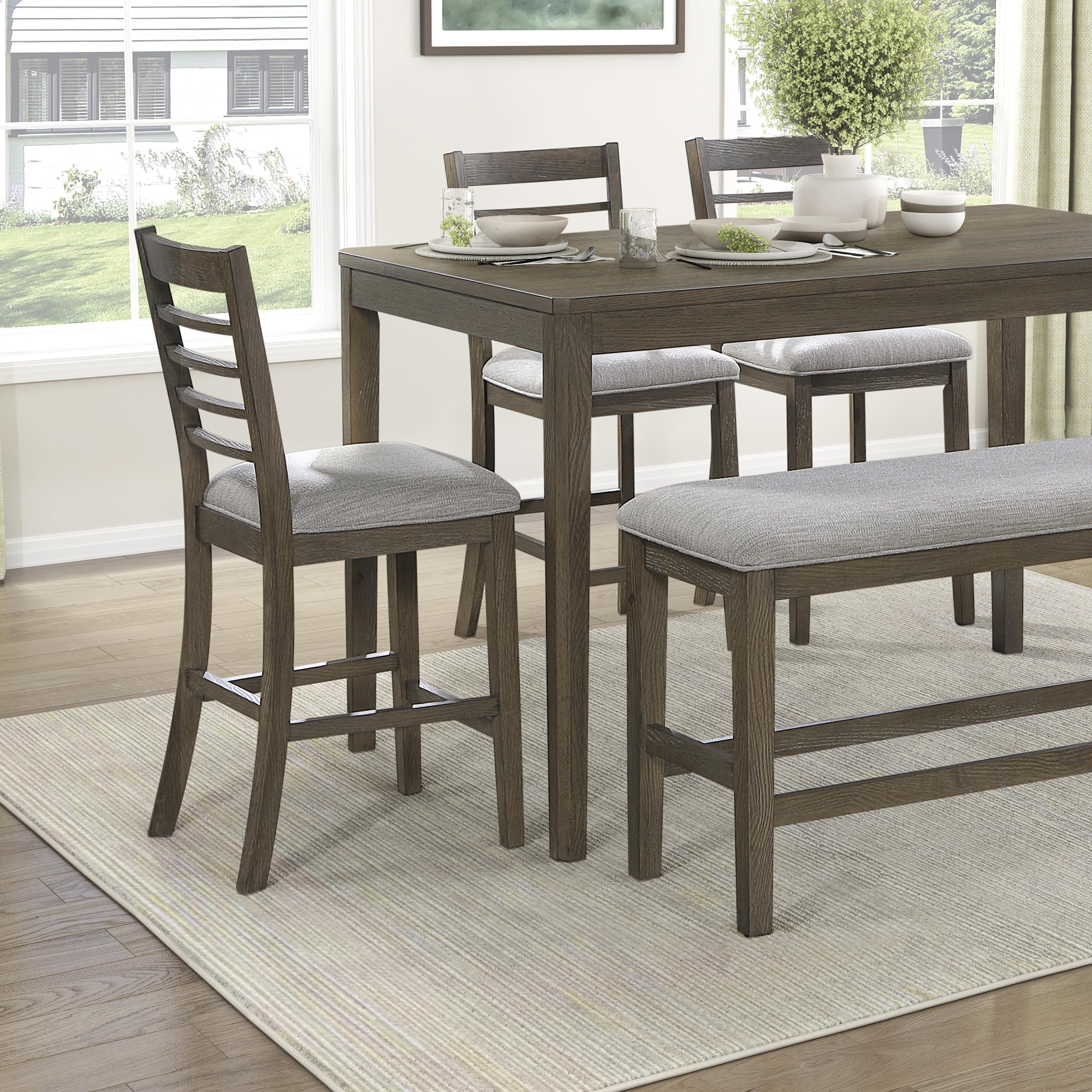 Lexicon 6 Piece Counter Height Dining Table Set, Wooden Counter Height Dining Room Set for 6, Including 1 Kitchen Table, 4 Upholstered Ladder Back Chairs and 1 Bench, Light Brown/Gray - Image 7