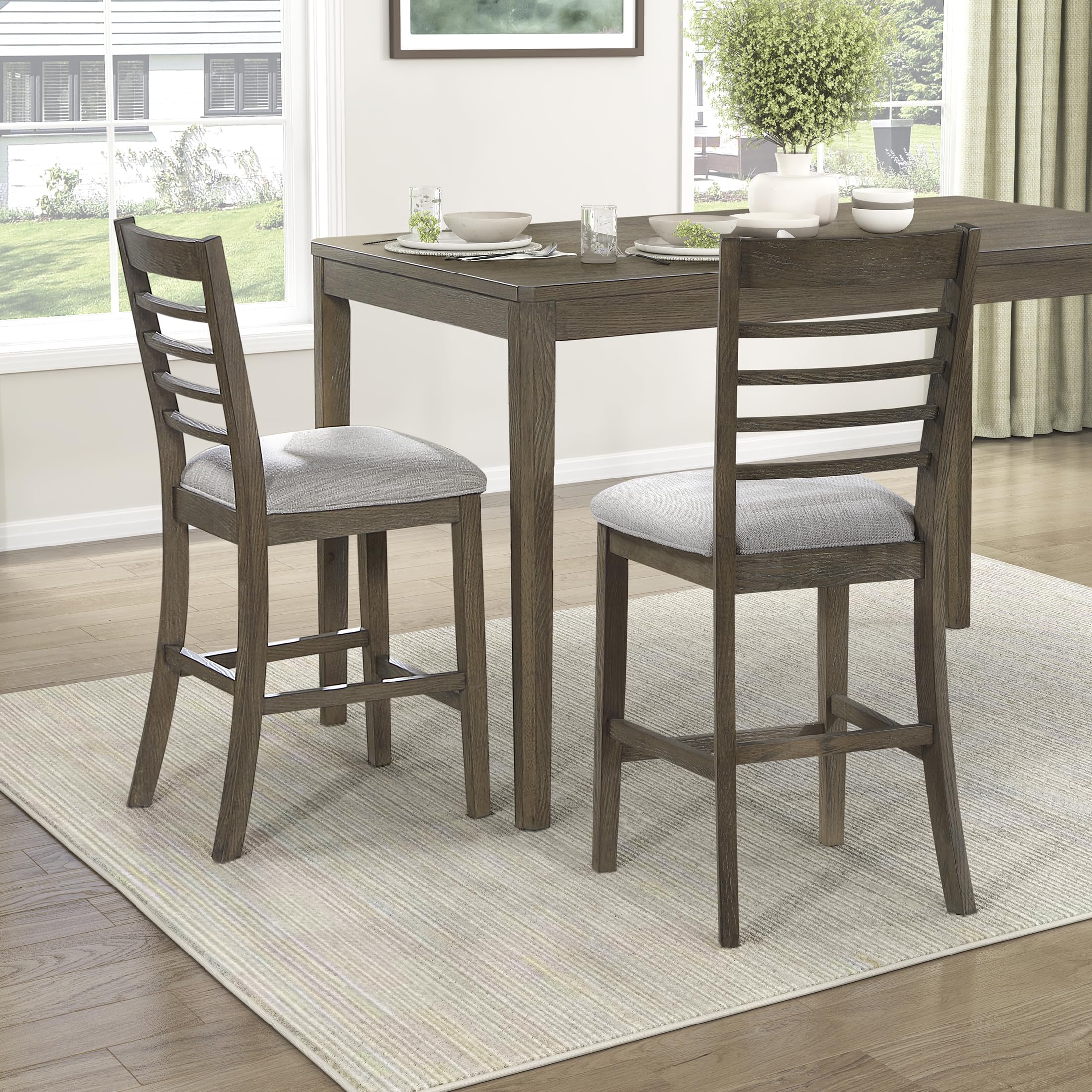 Lexicon 6 Piece Counter Height Dining Table Set, Wooden Counter Height Dining Room Set for 6, Including 1 Kitchen Table, 4 Upholstered Ladder Back Chairs and 1 Bench, Light Brown/Gray - Image 8