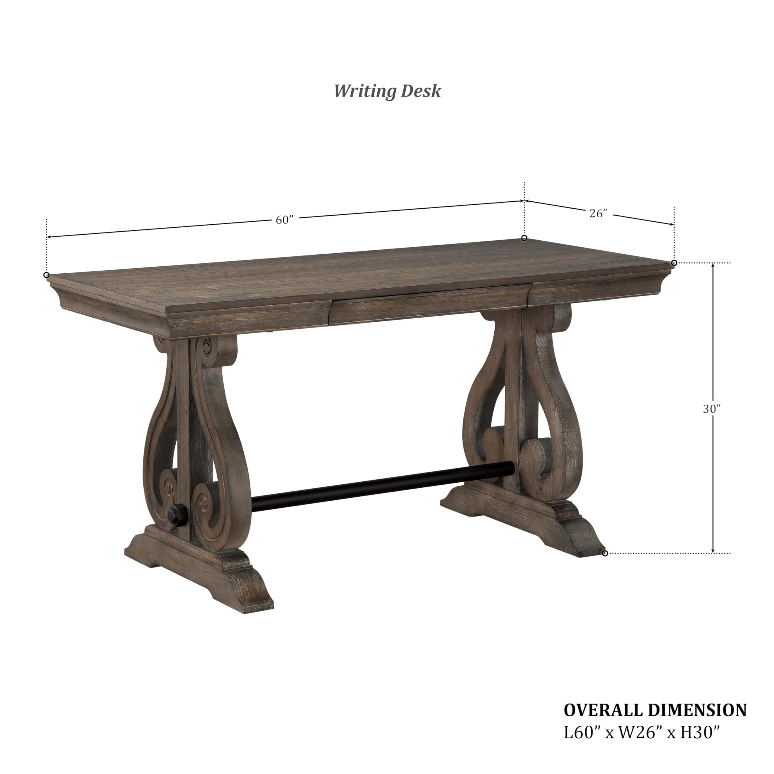 Lexicon 60 Inch Writing Desk, Wood Table with Hidden Drawer, Modern Home Office Desk, Distressed Dark Oak - Image 3